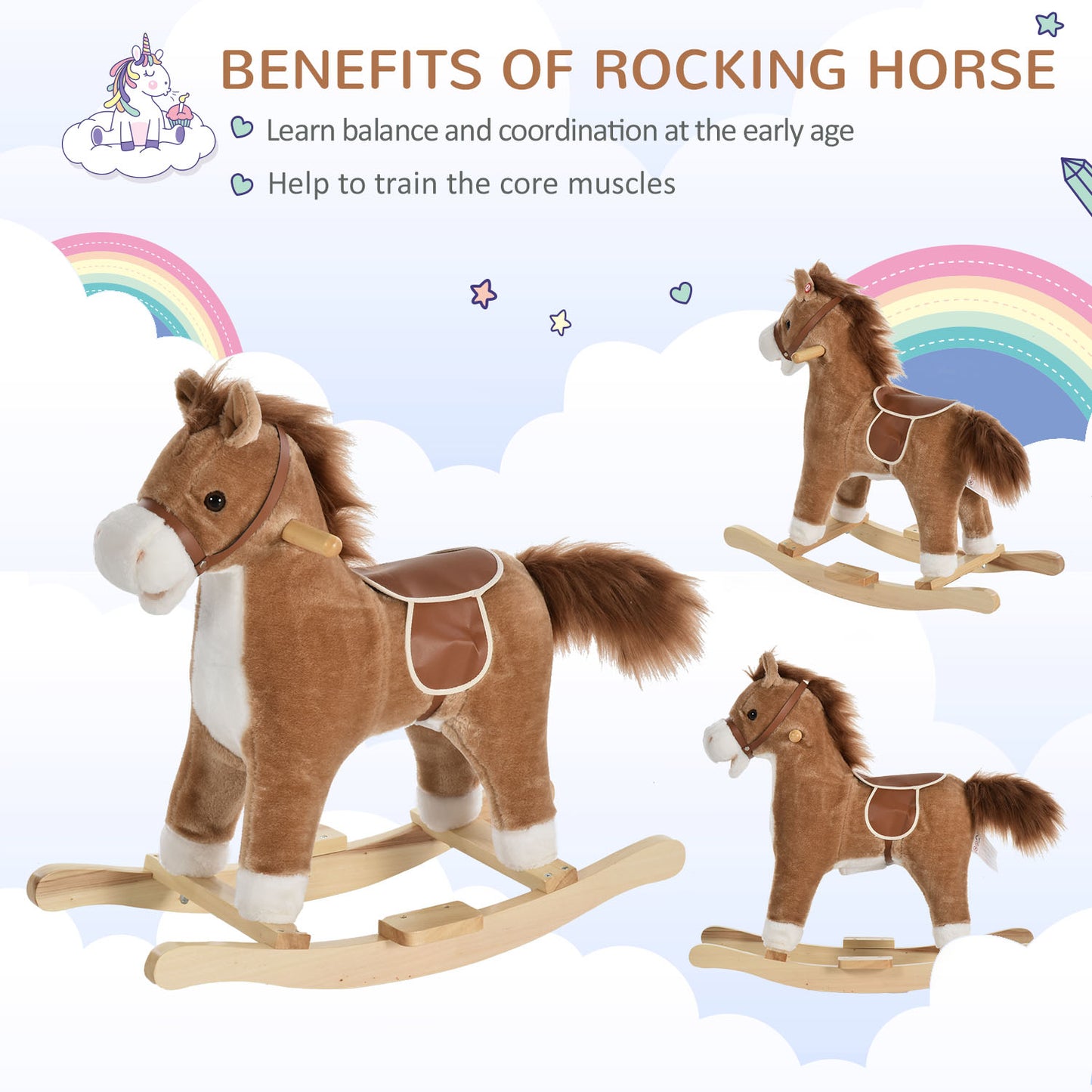 HOMCOM Kids Classic Rocking Horse, with Moving Mouth, Neighing Sounds, Brown