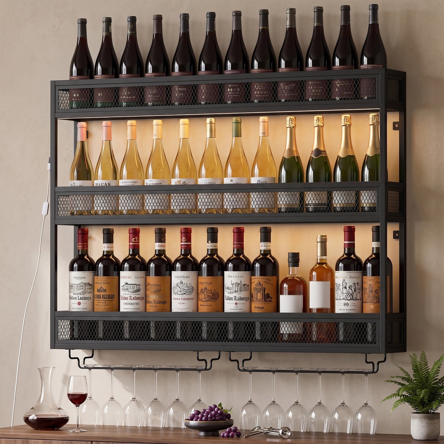 HOMCOM Wall-Mounted Wine Rack with LED Lights, Glass Holders, Open Shelf, Metal Storage Rack, Black