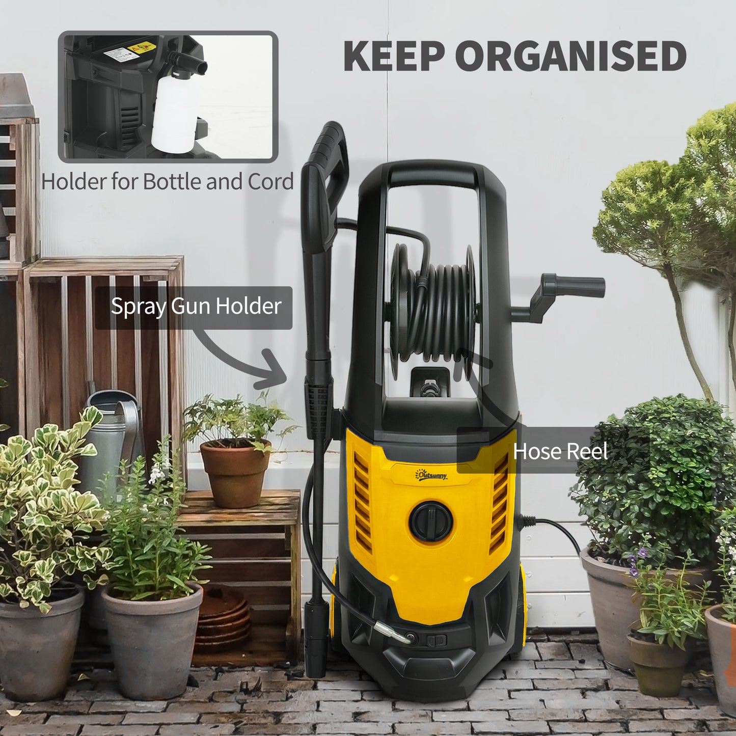 Outsunny 2200W HighÂ PressureÂ Washer, 170 Bar Pressure Washer with Adjustable Nozzle and 6M Hose, 33 x 31.5 x 80.5 cm, Yellow