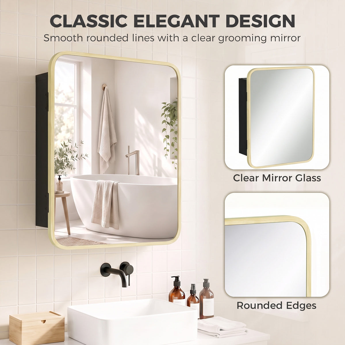 HOMCOM Bathroom Medicine Mirror Cabinet, Bathroom Wall Cabinet w/ Storage, Magnetic Door, Adjustable Shelf, Natural Wood Finish