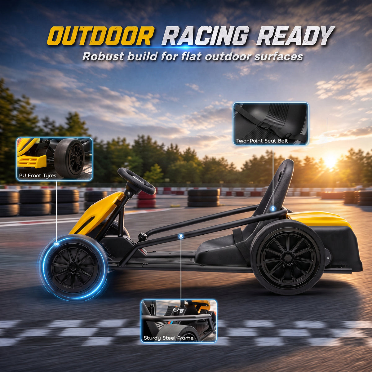 AIYAPLAY 24V Electric Go Kart for Kids, Ride On Racing Go Kart with Dual 150W Motors, 12KM/H Max Speed for Ages 6-14, Yellow