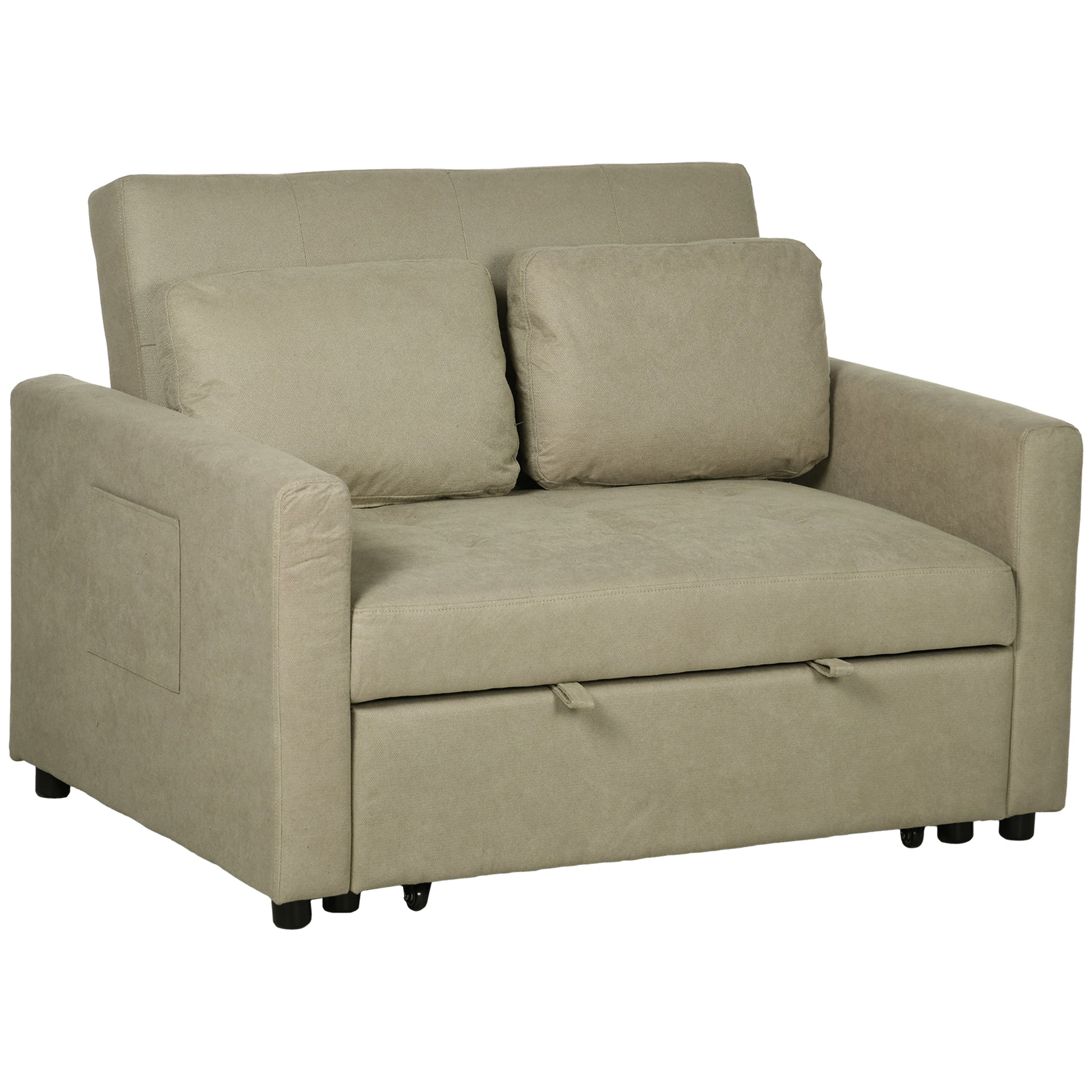 HOMCOM Loveseat Sofa Bed, Convertible Bed Settee with 2 Pillows, Side Pockets, Light Brown