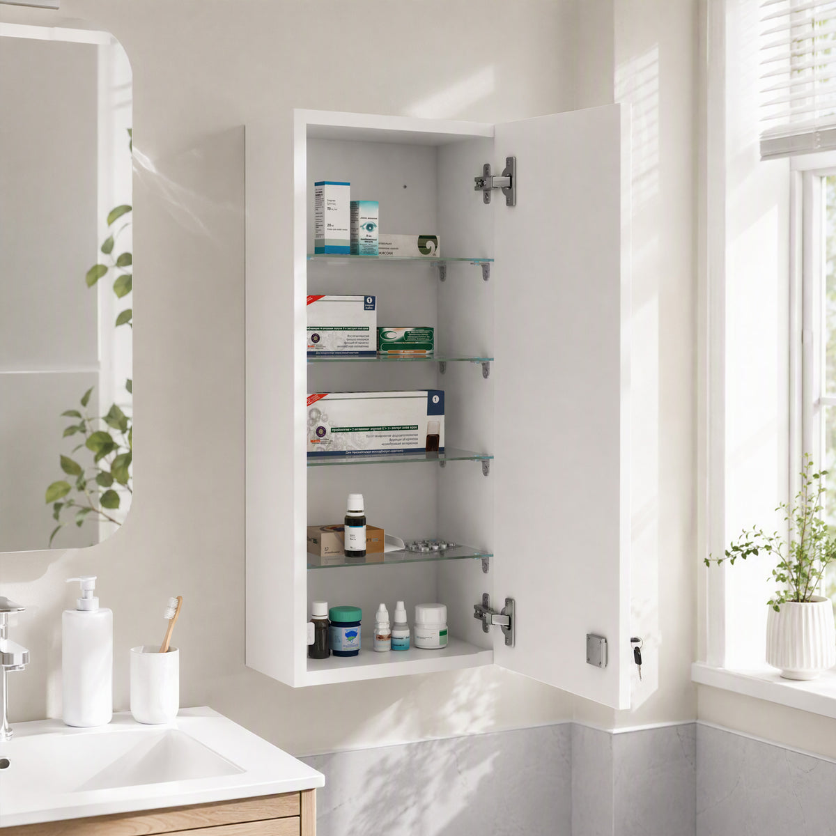 kleankin Wall Mounted Medicine Cabinet, First Aid Cabinet with Adjustable Shelves, Lockable with 2 Keys, White