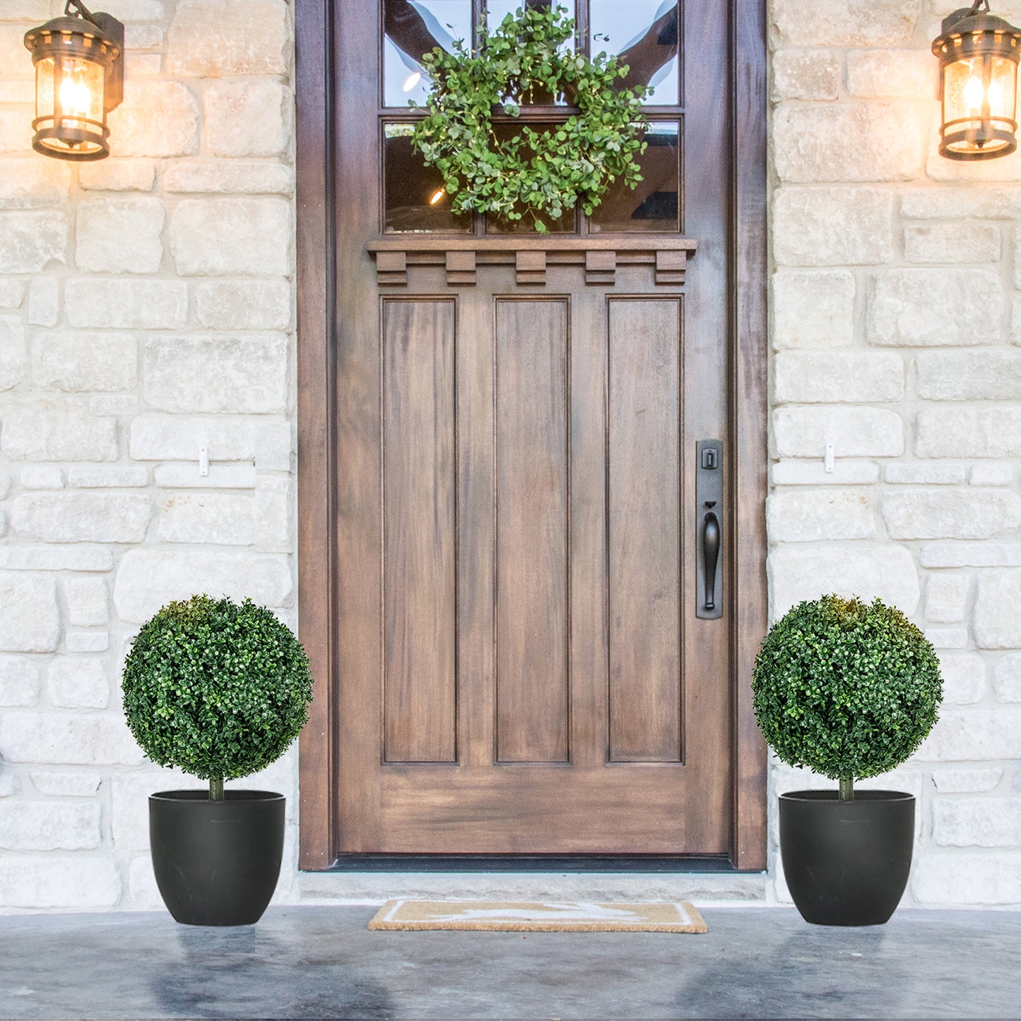 HOMCOM Artificial Boxwood Trees w/ Ground Stake, Set of 2 Ball Shaped Topiary Trees for Home Office & Living Room, UV Resistant