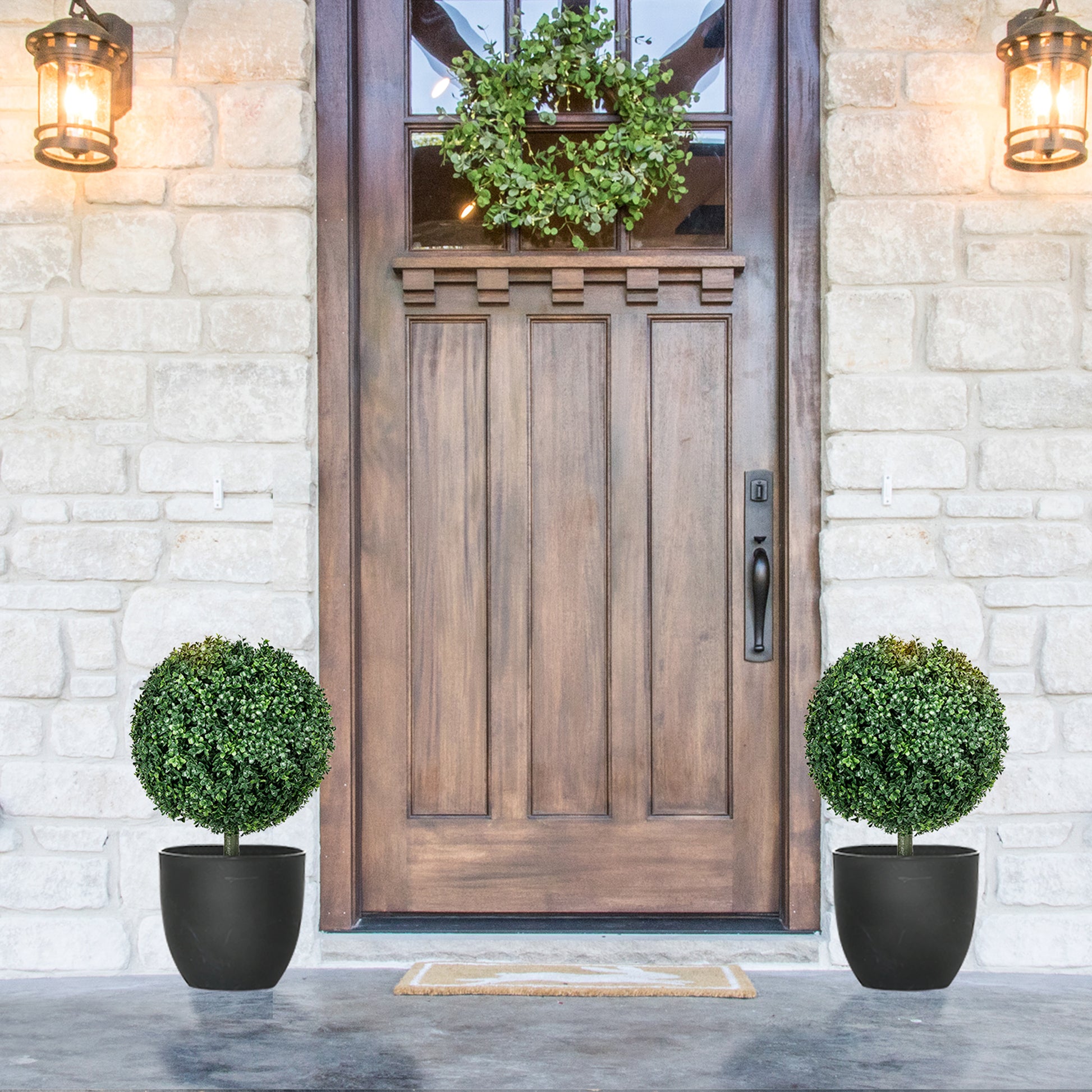 HOMCOM Artificial Boxwood Trees w/ Ground Stake, Set of 2 Ball Shaped Topiary Trees for Home Office & Living Room, UV Resistant