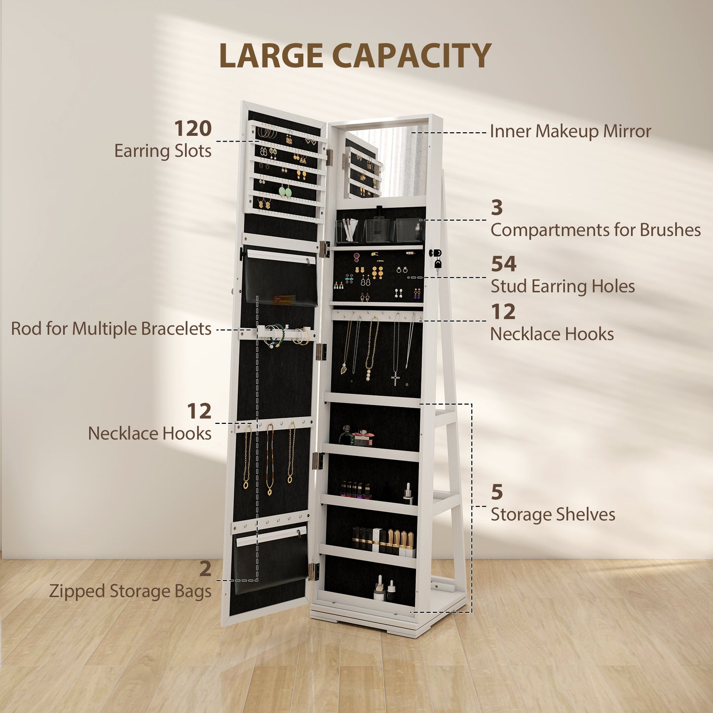 HOMCOM 360Â° Swivel Jewellery Cabinet, Free Standing Full Length Mirror with Storage, Lockable Jewellery Organiser with Built-in Makeup Mirror and Storage Shelves for Bedroom, White