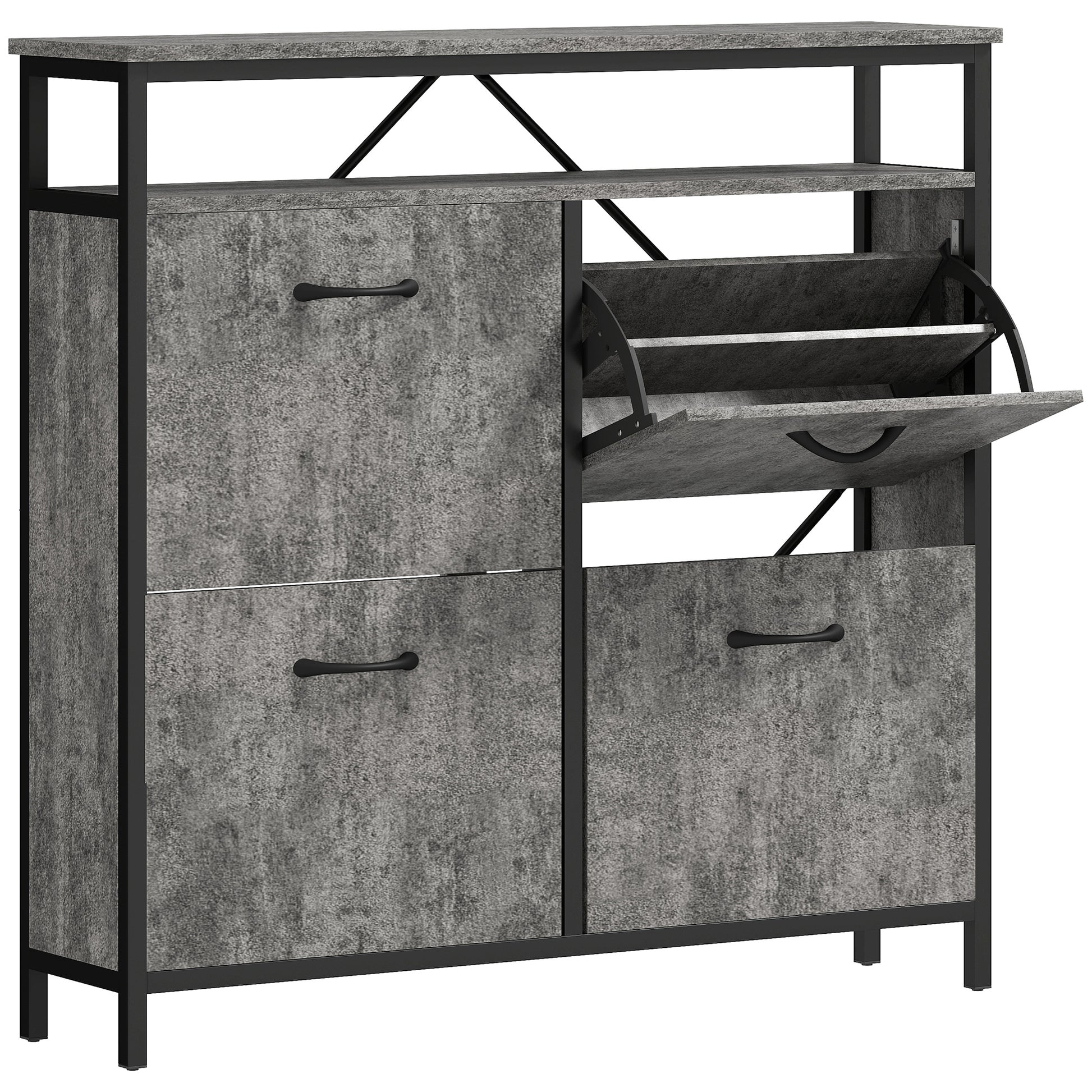 HOMCOM Shoe Storage Cabinet with 4 Flip Drawers and Open Shelf - Cement Grey