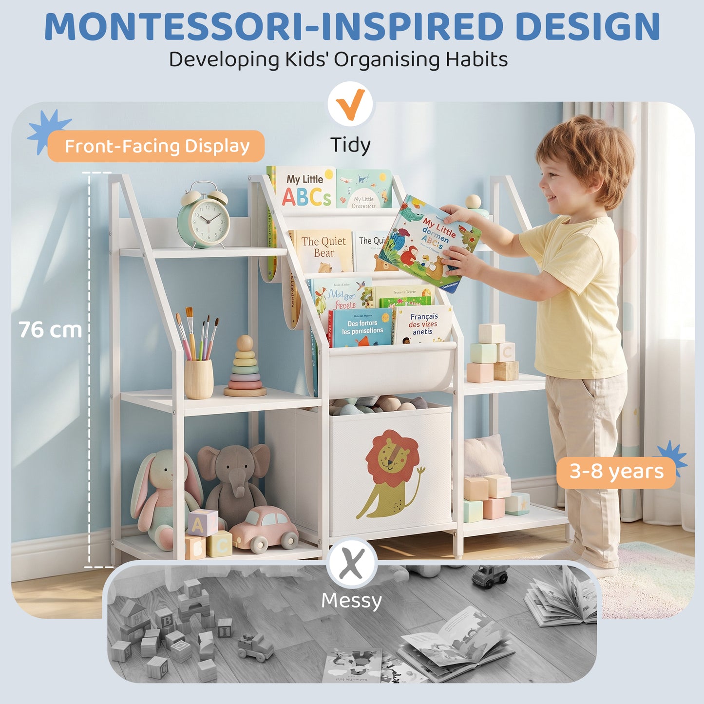 AIYAPLAY Kids Bookshelf and Toy Storage with 3-Tier Sling Book Rack and Fabric Drawer for Nursery, Bedroom, Playroom, White