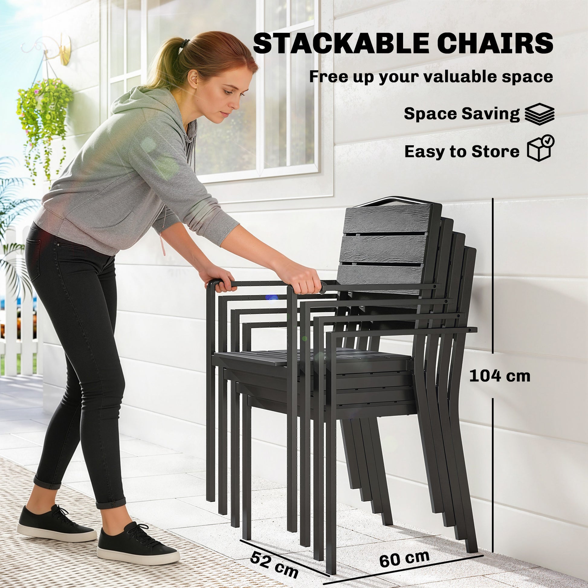 Outsunny Stackable Garden Chairs Set of 4, Garden Dining Chairs with Slatted HDPE Seat Back, Armrests, Metal Frame, Black