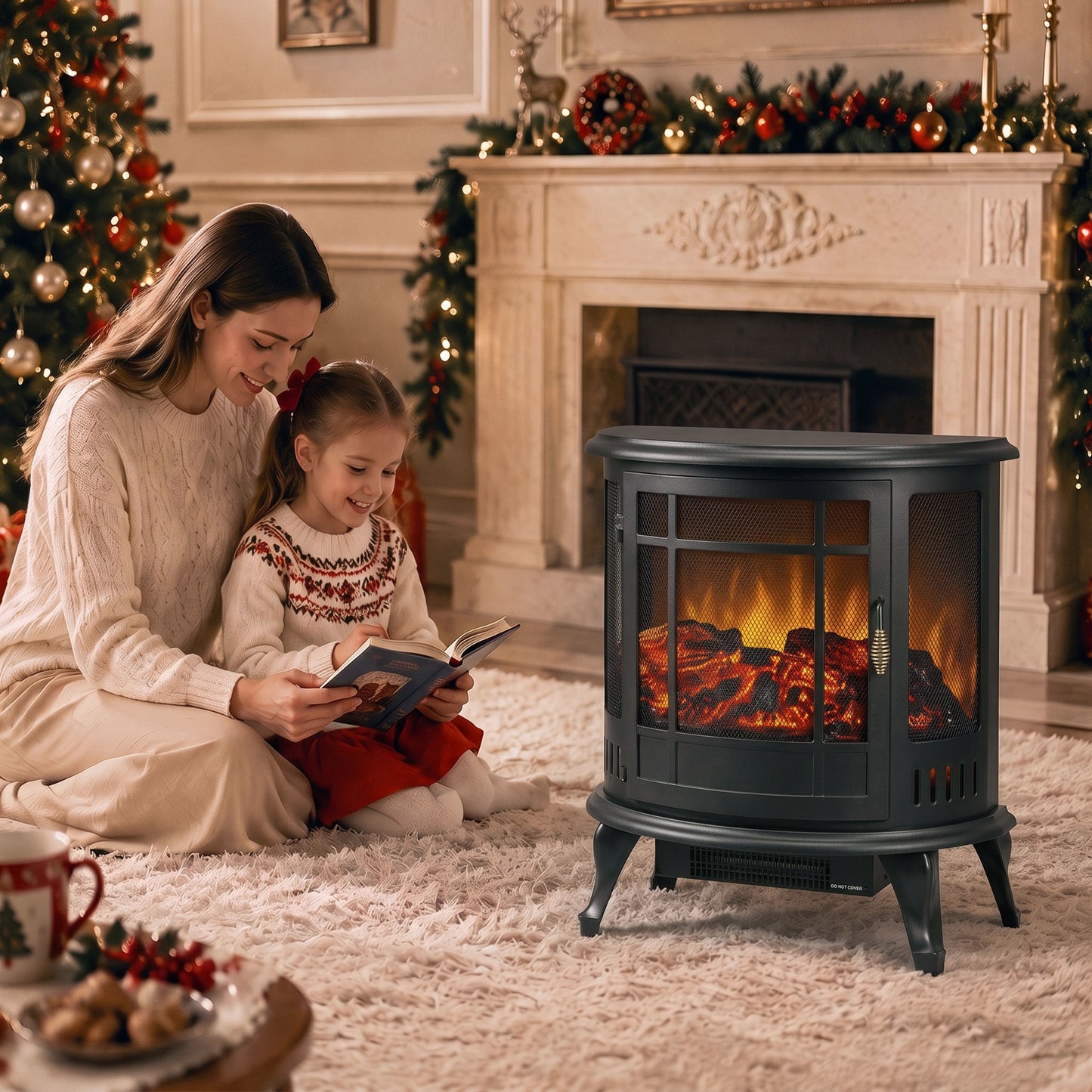 HOMCOM Electric Fireplace Stove, Freestanding Electric Fire Heater with Realistic LED Flame, 2000W, Black