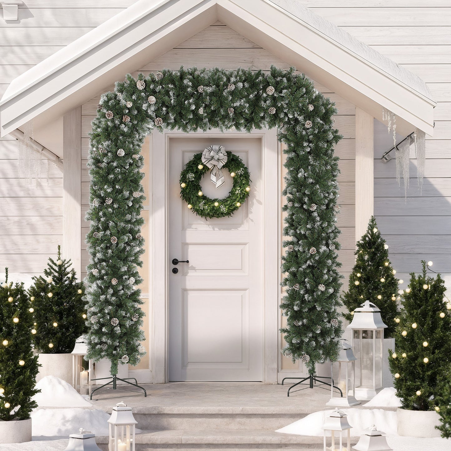 HOMCOM 8.2 ft Snow Frosted Christmas Tree Arch, Christmas Arch Doorway Decor with 1800 Tips and 91 Pinecones, Artificial Xmas Tree with Metal Stand for Indoor, Green