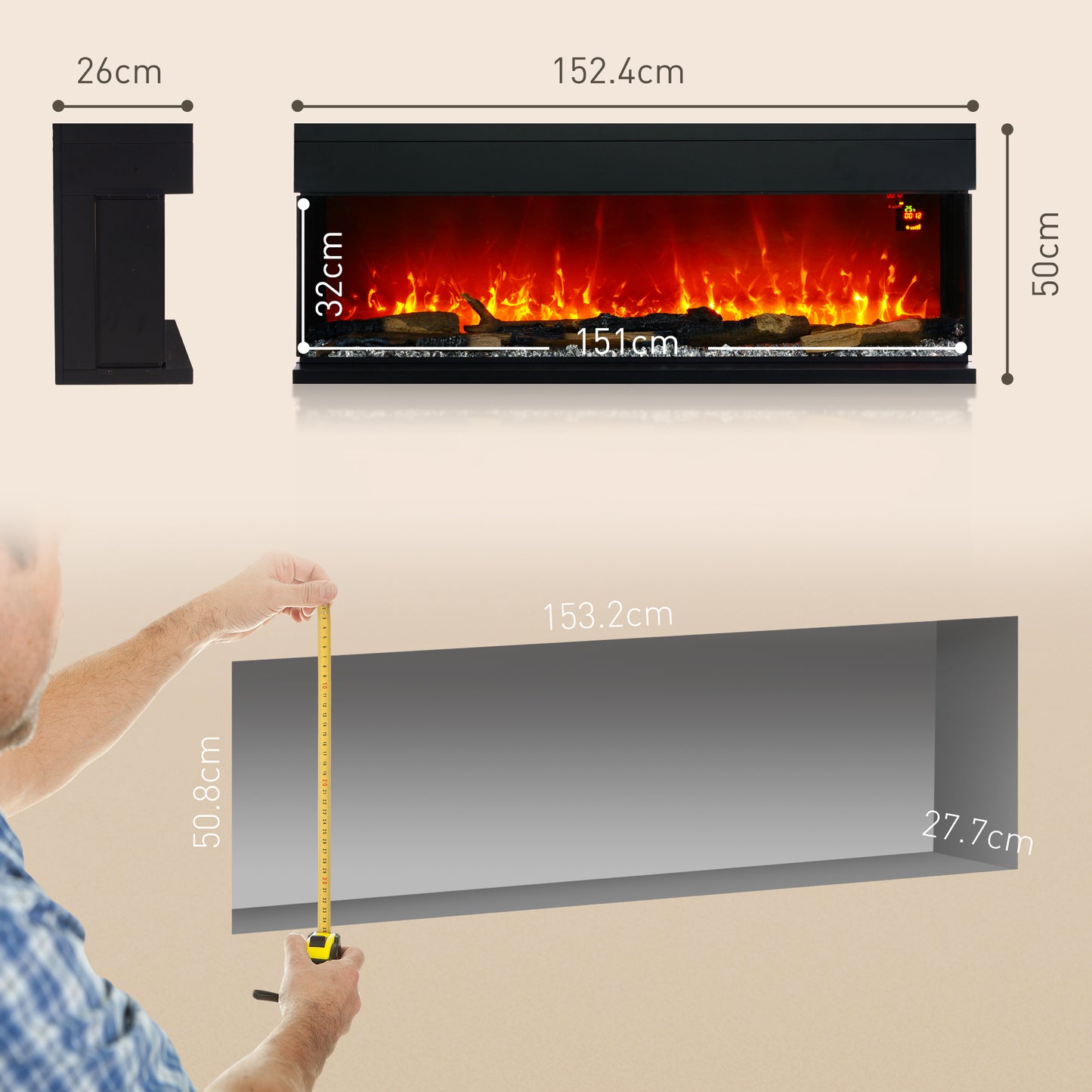 HOMCOM 1800W 15-40â„ƒ Adjustable Flame Glass Panel Convector Heater, 152cm