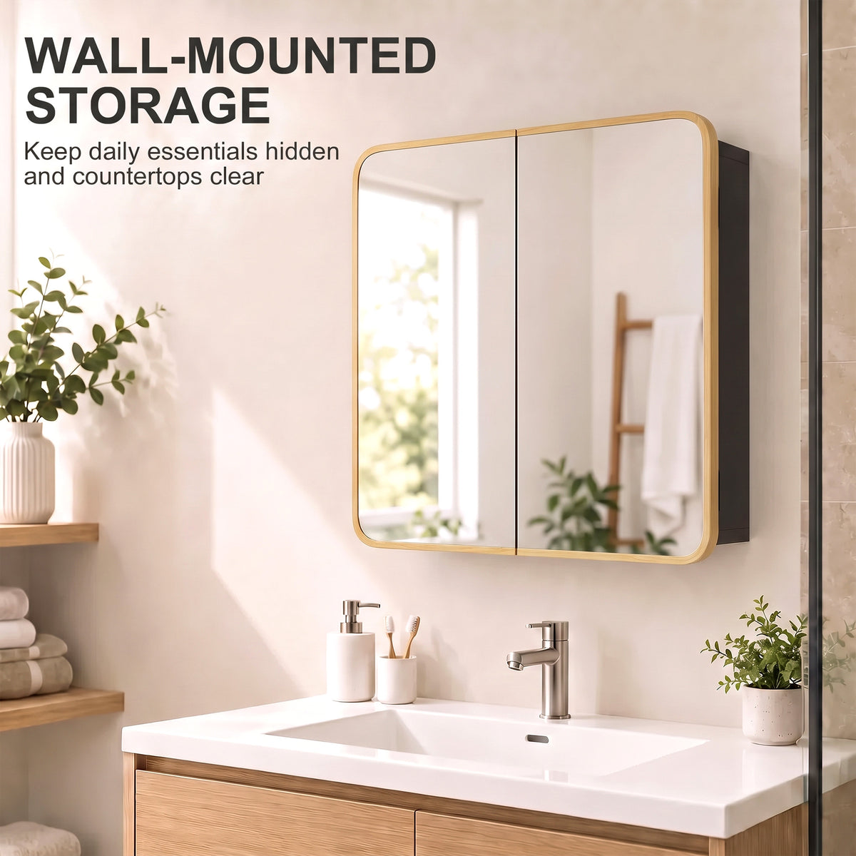HOMCOM Bathroom Medicine Mirror Cabinet, Bathroom Wall Cabinet with Storage, Magnetic Doors and Adjustable Shelf, Natural