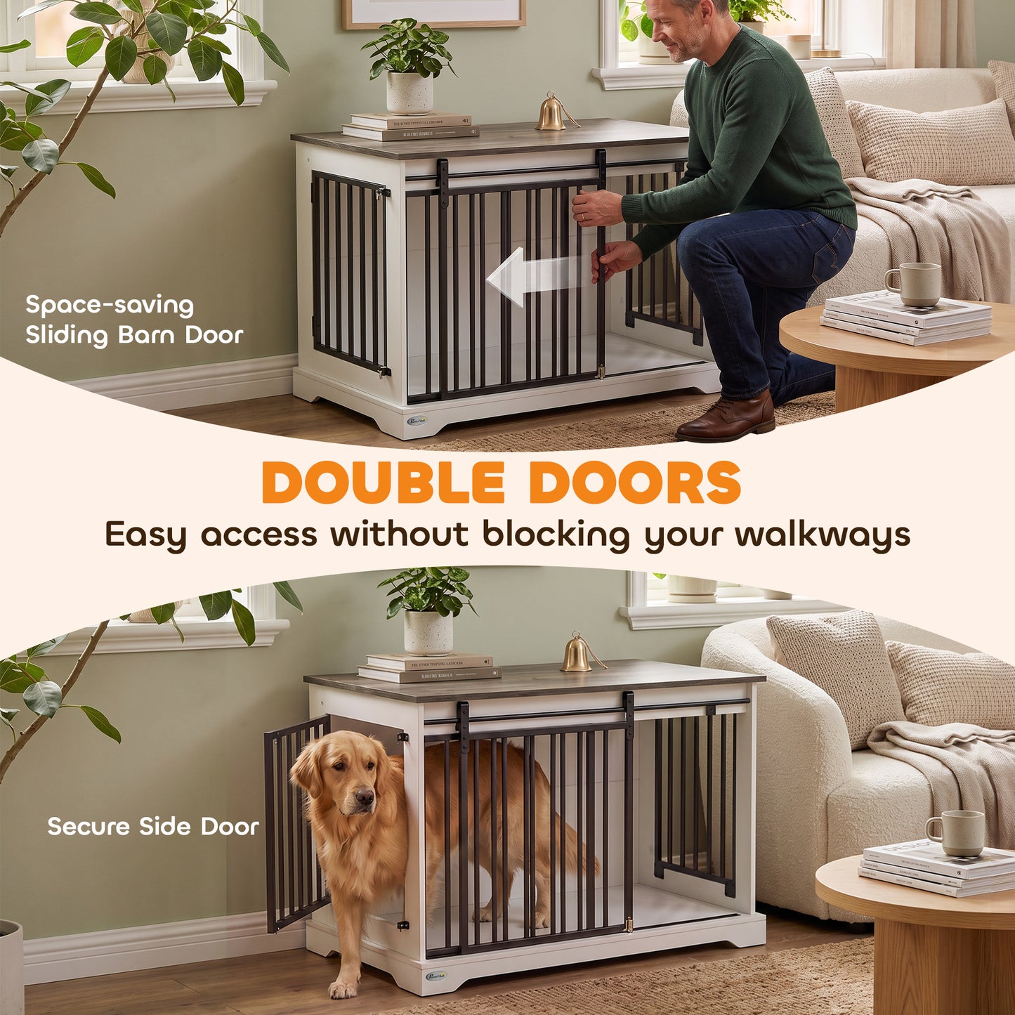 PawHut 100 cm Large Dog Crate Furniture with Sliding Barn Door for Large Dogs, White