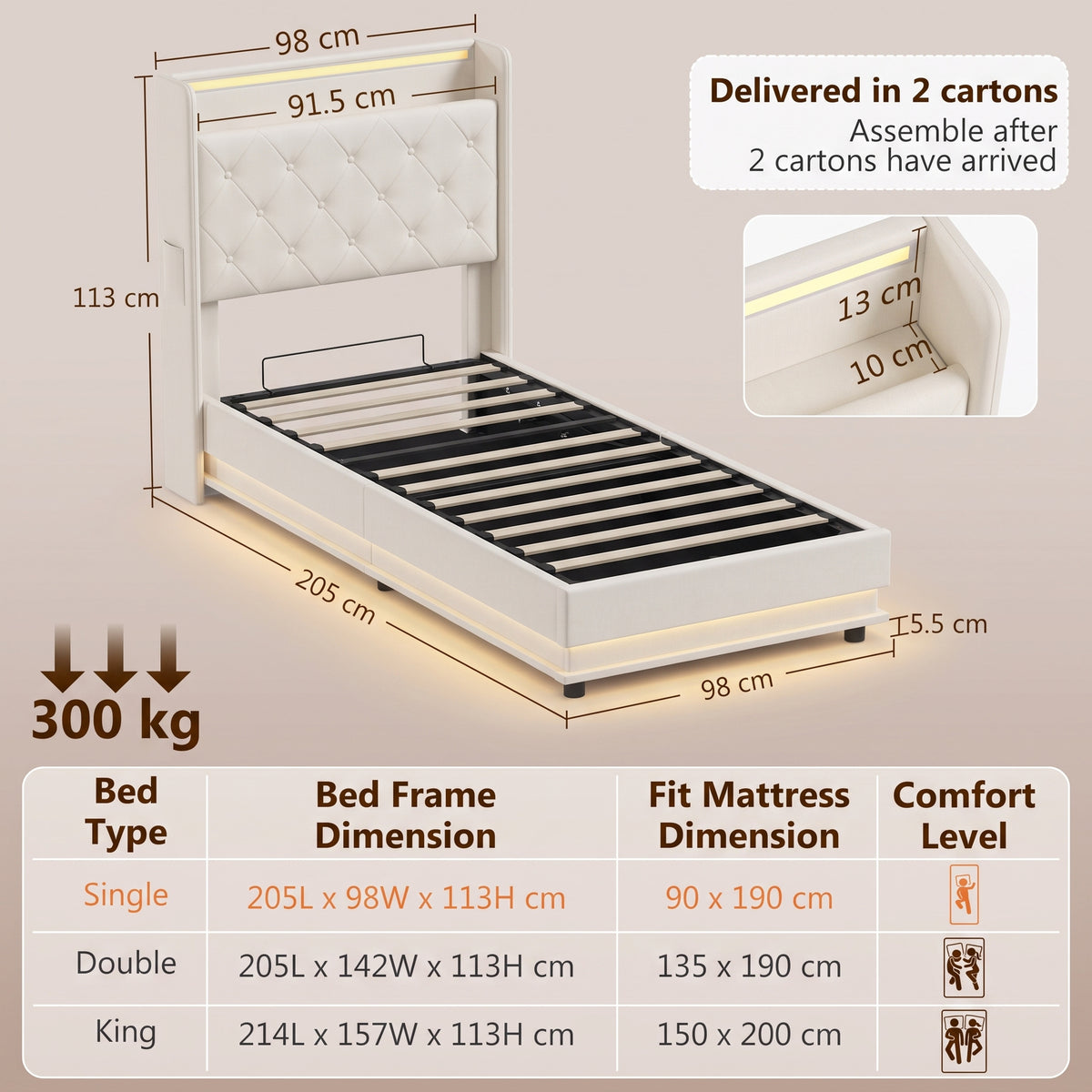 HOMCOM 3ft Single Bed Frame with Headboard, Platform Bed Frame with Hydraulic Storage, LED Lights and Charging Station, White