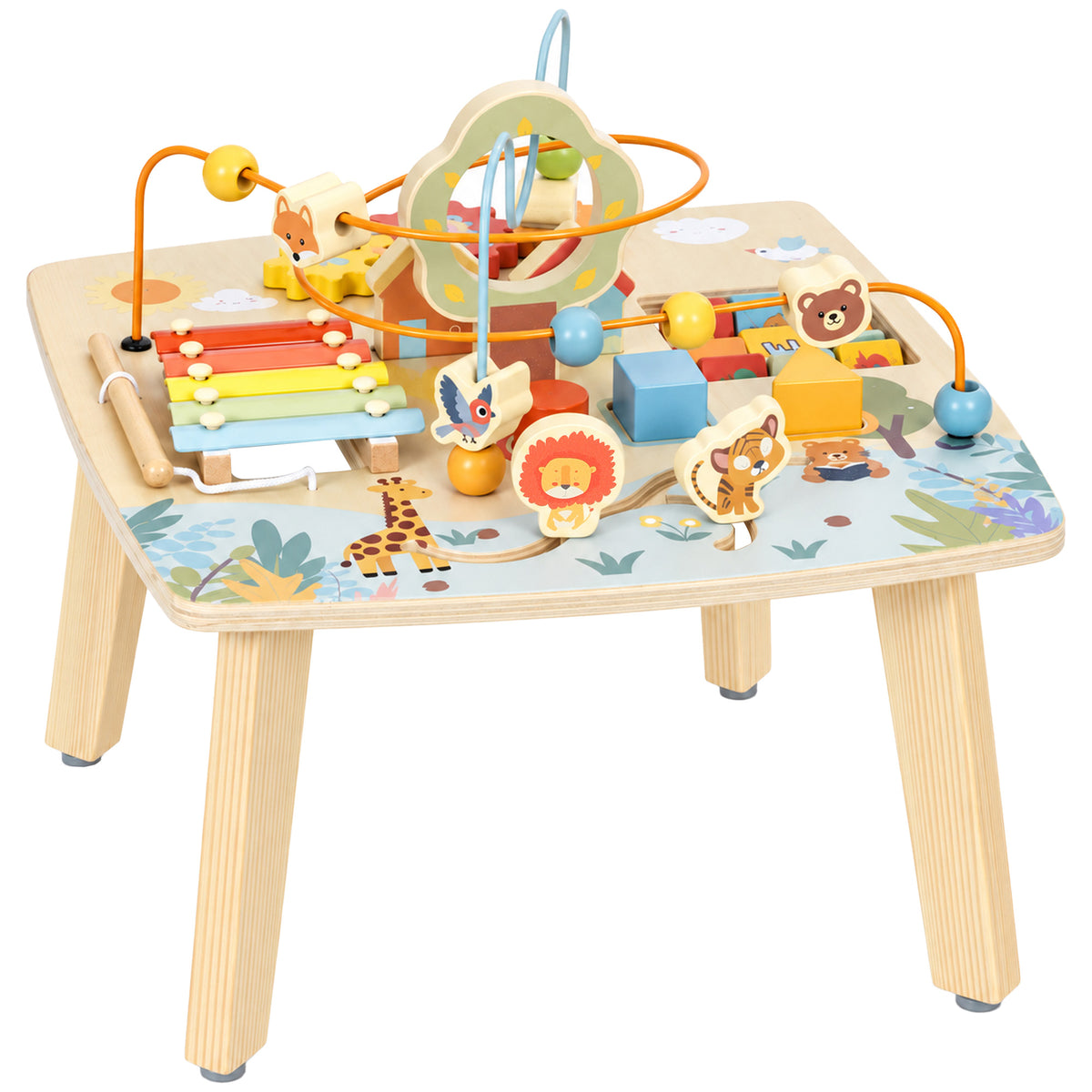 AIYAPLAY Wooden Baby Activity Table, 6 In 1 Montessori Learning Table with Bead Maze, Shape Sorter and Xylophone for 18M-3Y Default Title