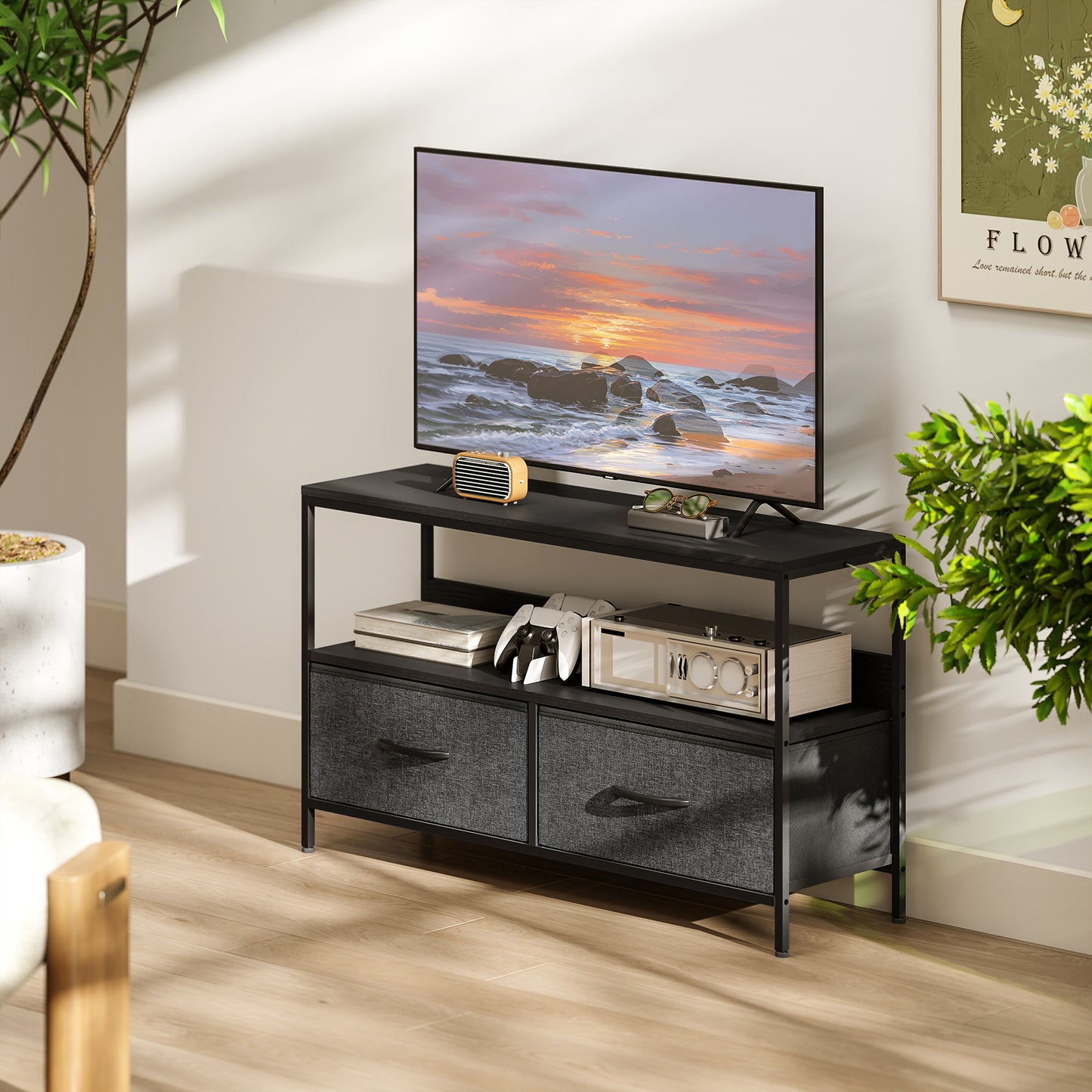 HOMCOM TV Stand Cabinet with 2 Foldable Drawers - Black