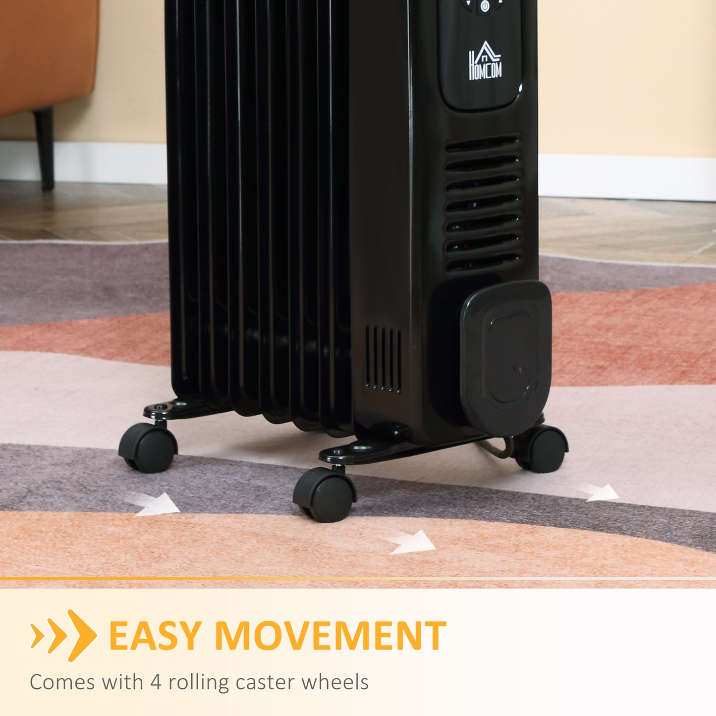 HOMCOM 1500W Digital Oil Filled Radiator, 7 Fin, Portable Electric Heater with LED Display, Built-in Timer, 3 Heat Settings, Safety Cut-Off and Remote Control, Black