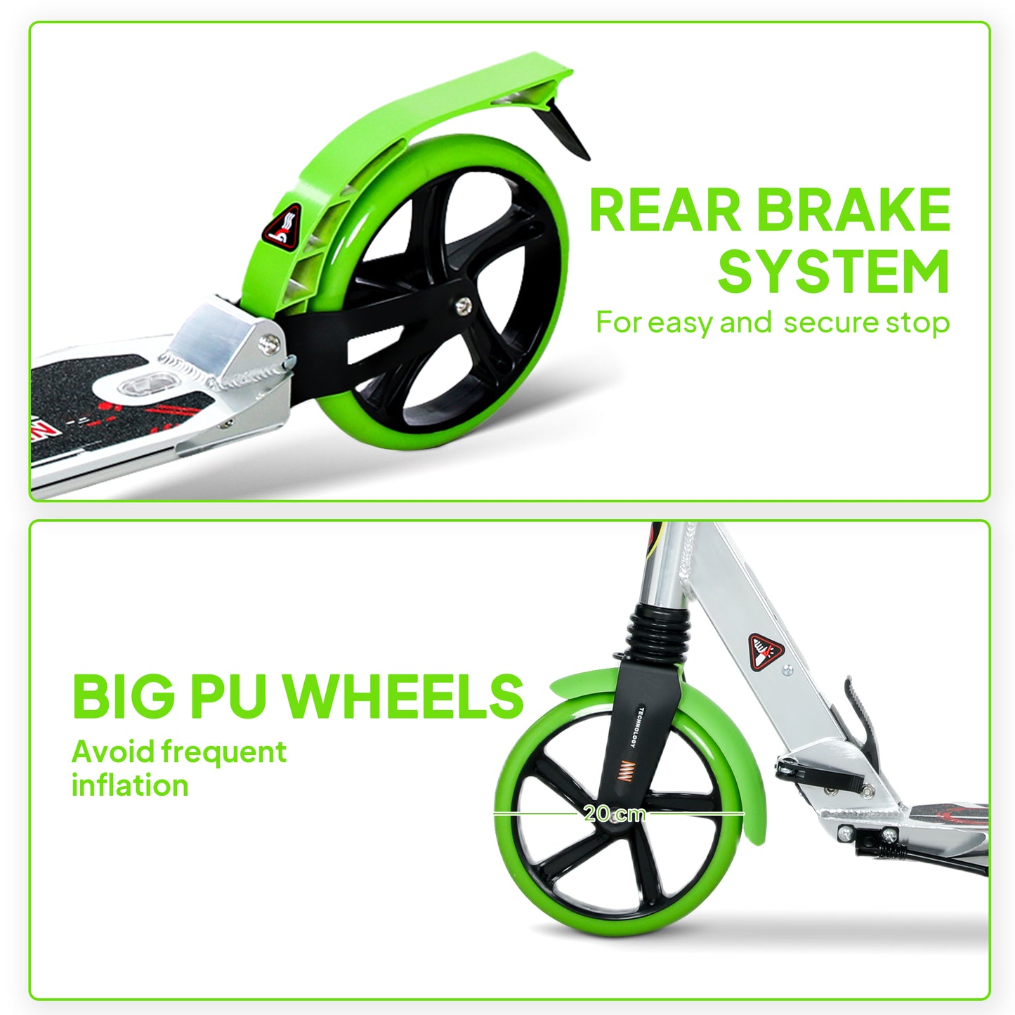 HOMCOM Folding Kick Scooter, Adjustable Ride On Scooter with 200mm Big Wheels and Double Shock Absorption, Urban Scooter for 14+ Teens Adult, Green