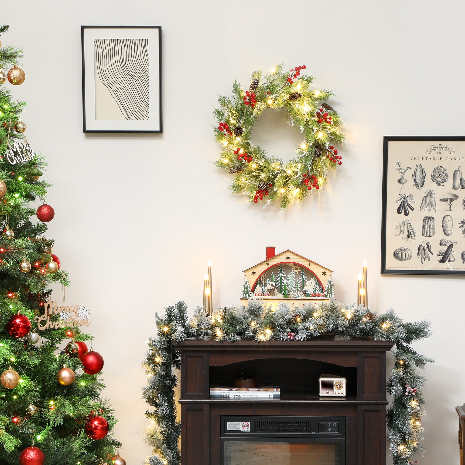 HOMCOM 60 cm Prelit Christmas Wreath, Door Wreath with Realistic Branches, 30 Warm White LEDs, Timer, Battery Operated
