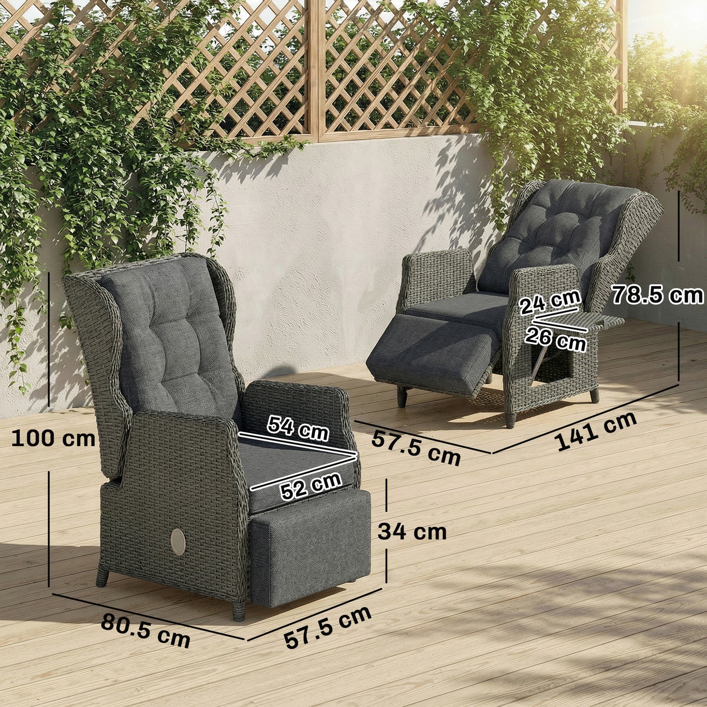 Outsunny Rattan Garden Recliner Chair, Reclining Garden Chair with Adjustable Back and Footrest, Flip Table, Cushion, Dark Grey