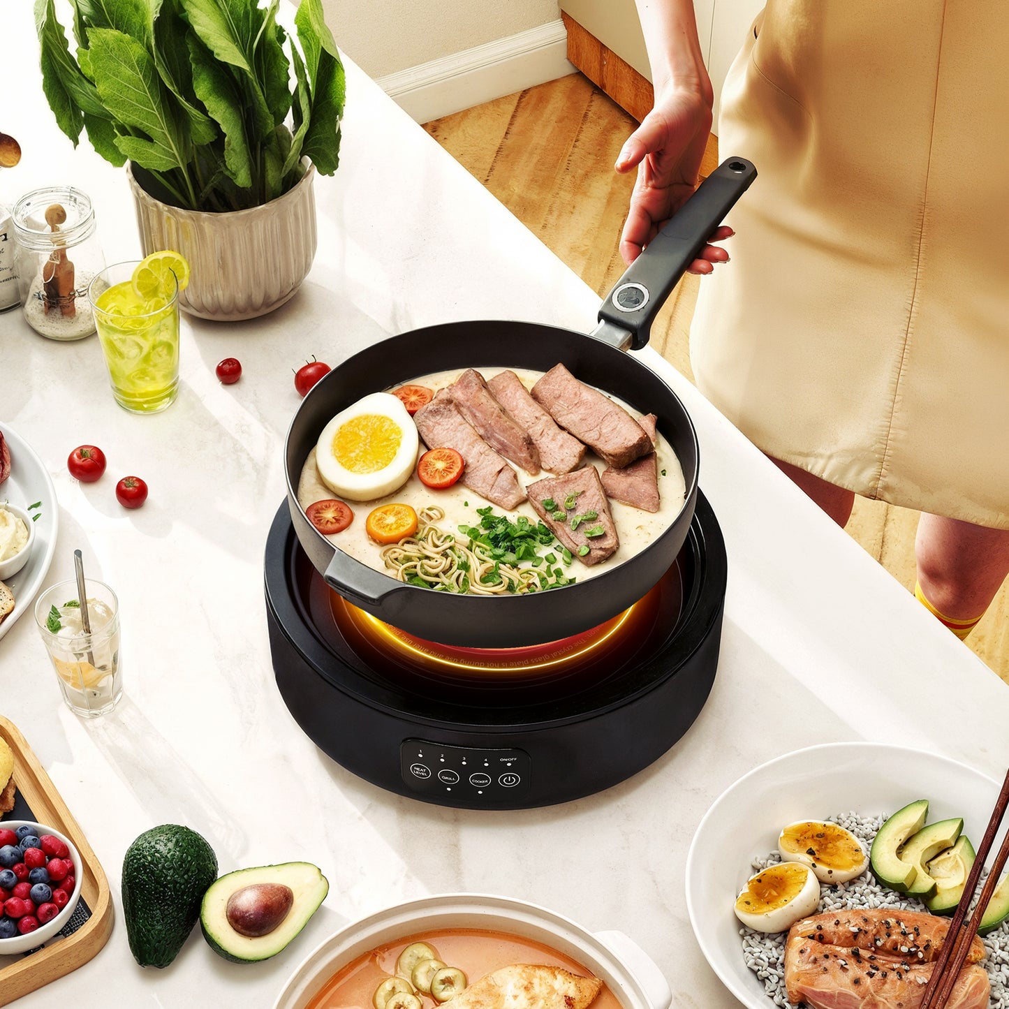 HOMCOM Electric Ceramic Hob with Grill Plate, Multifunctional 36cm Plug in Electric Hob with 4 Heat Levels for All Type Pot