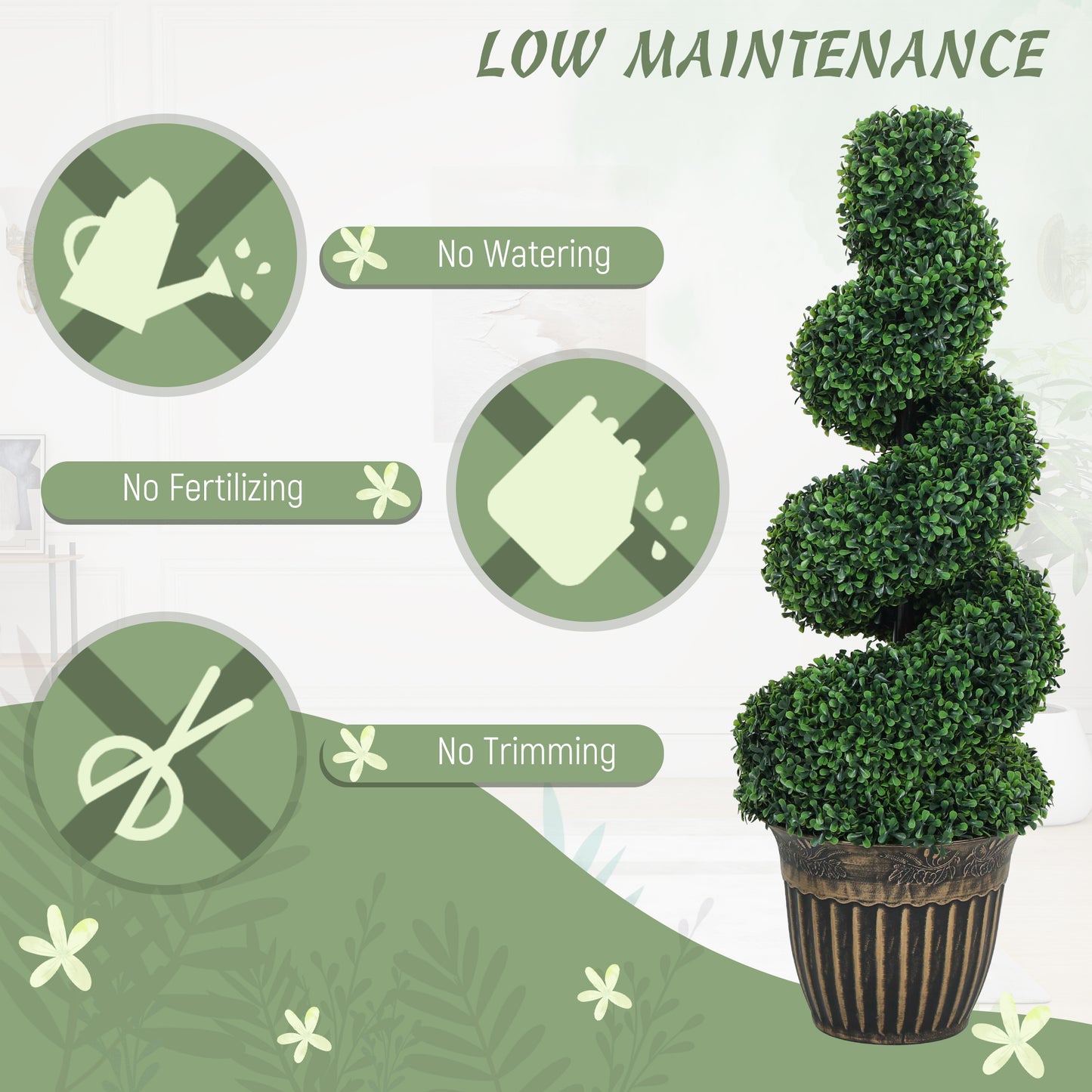 HOMCOM Set of 2 Artificial Plants, Topiary Spiral Boxwood Trees with Pot, for Home Indoor Outdoor Decor, 90cm