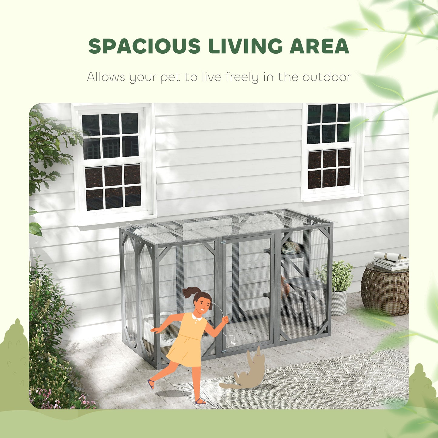 PawHut 71" Outdoor Wooden Cat House with Three Platforms, Large Door, Water-Resistant Roof, for Multiple Cats, Grey