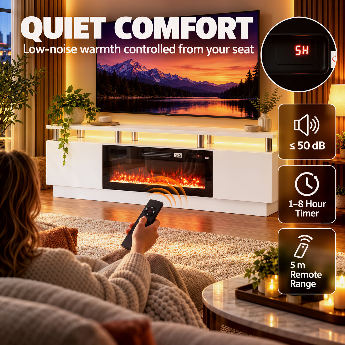 HOMCOM Electric Fireplace TV Stand for 80" TVs, 1800W LED Light Entertainment Center with Adjustable Flame, Remote, White