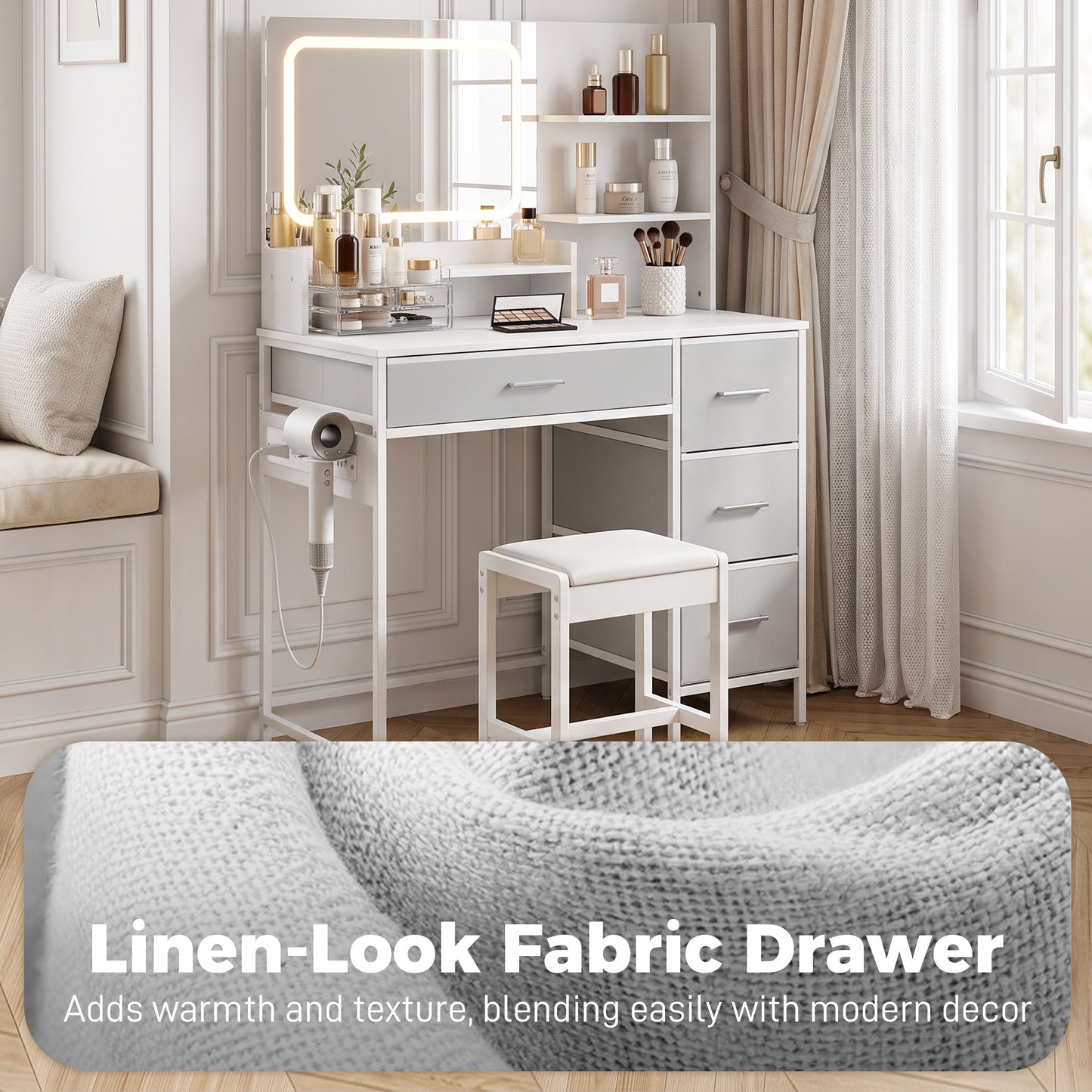 HOMCOM Dressing Table with 3-Colour LED Mirror, Power Outlet, Vanity Desk with 4 Drawers, 5 Shelves, Hair Dryer Holder