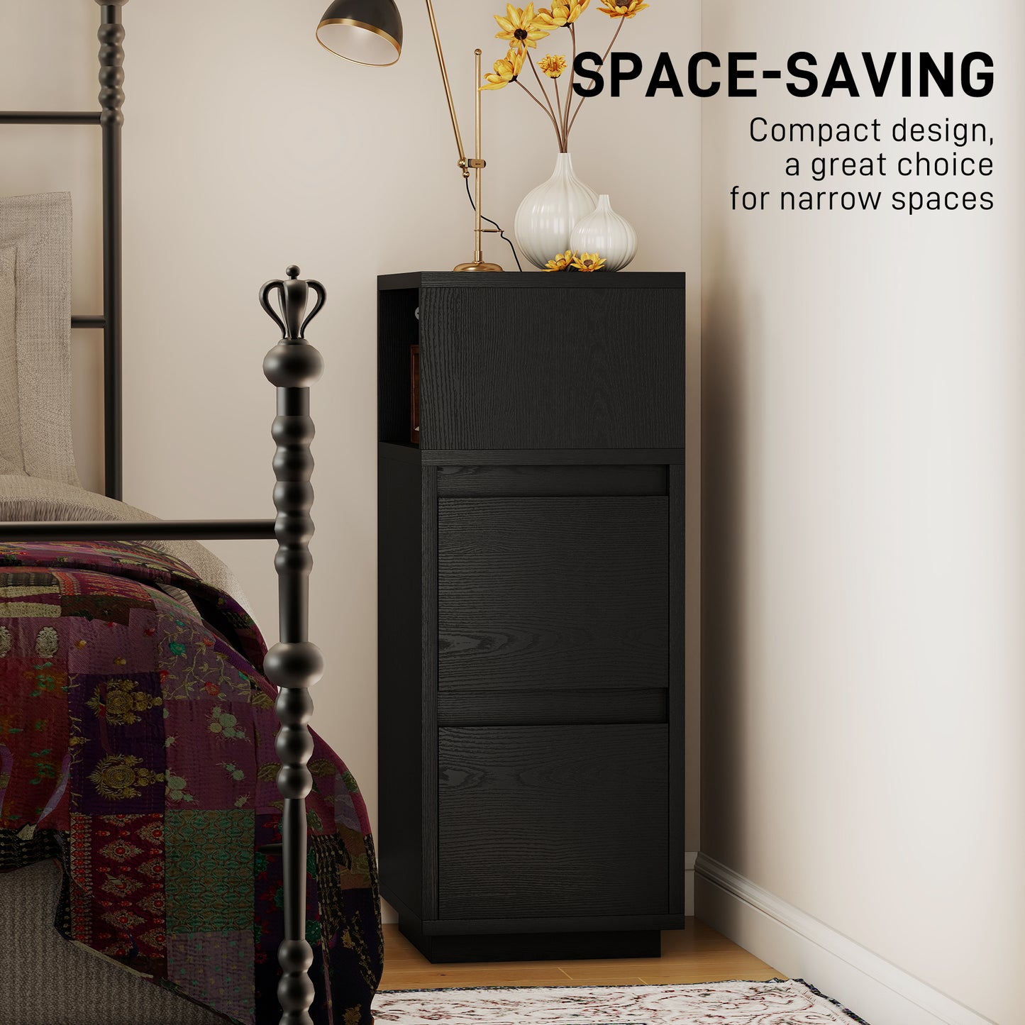 HOMCOM Slim Bedside Table, Narrow Bedside Cabinet with Open Shelf and 2 Drawers for Bedroom, Living Room, Black