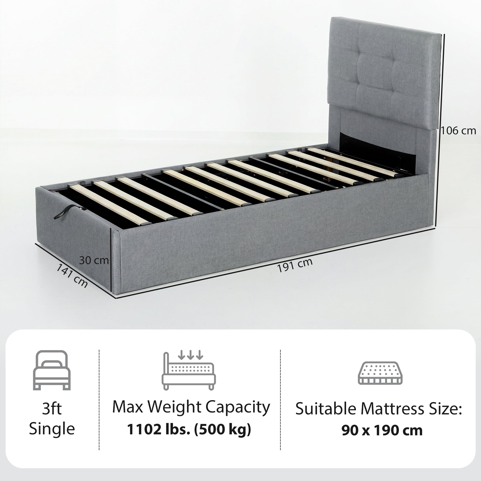 HOMCOM 3ft Single Ottoman Bed with Gas Lift Storage - Grey