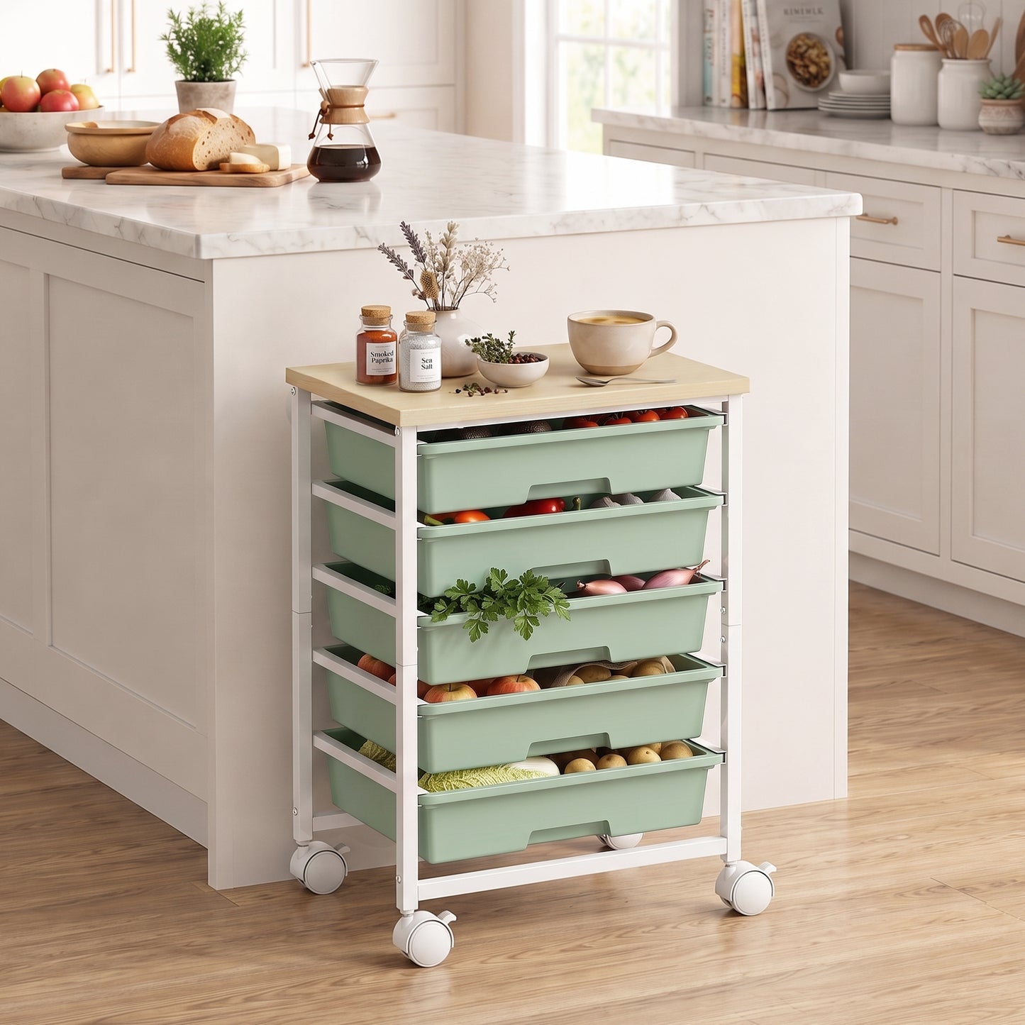 HOMCOM 6-Tier Storage Trolley on Wheels, Metal Kitchen Rolling Cart with 5 Pull-Out Drawers, Green