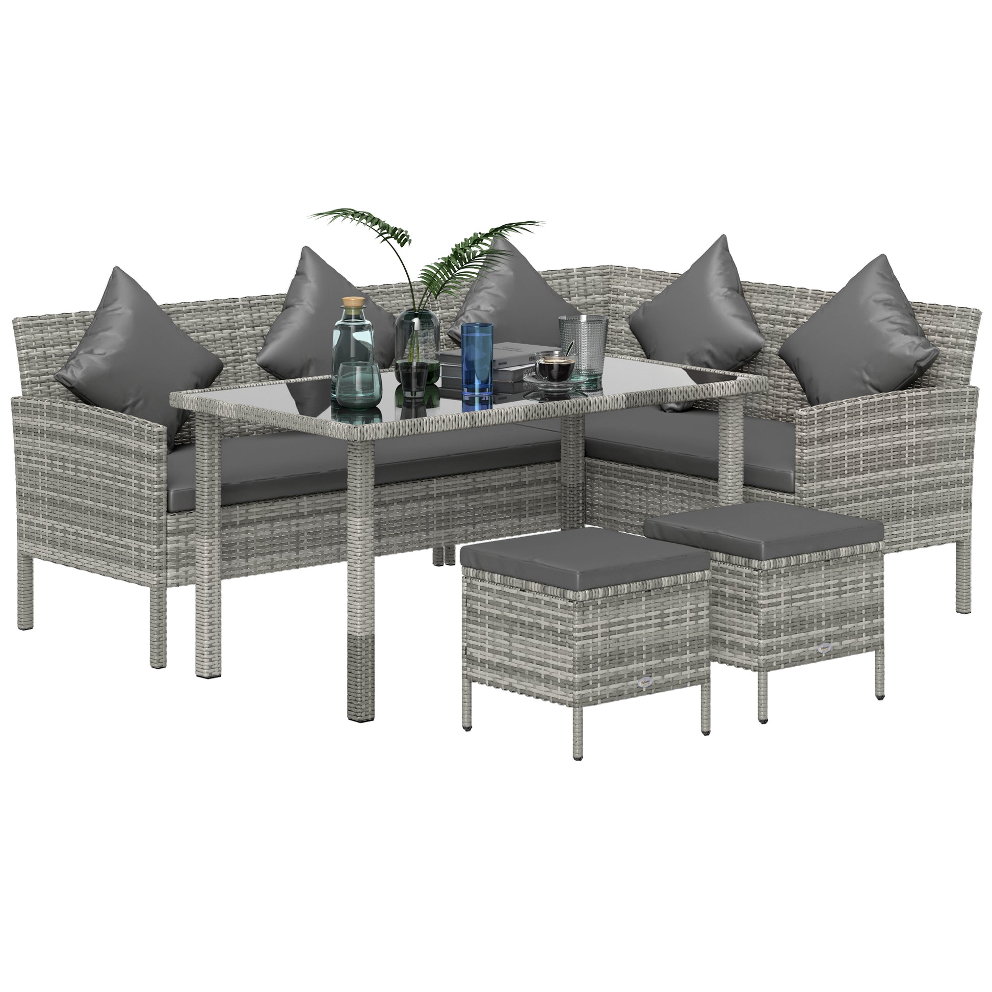 Outsunny tsunny 6-Seater Rattan Dining Set Sofa Table Footstool Outdoor w/ Cushion Garden Furniture, Dark Grey Default Title