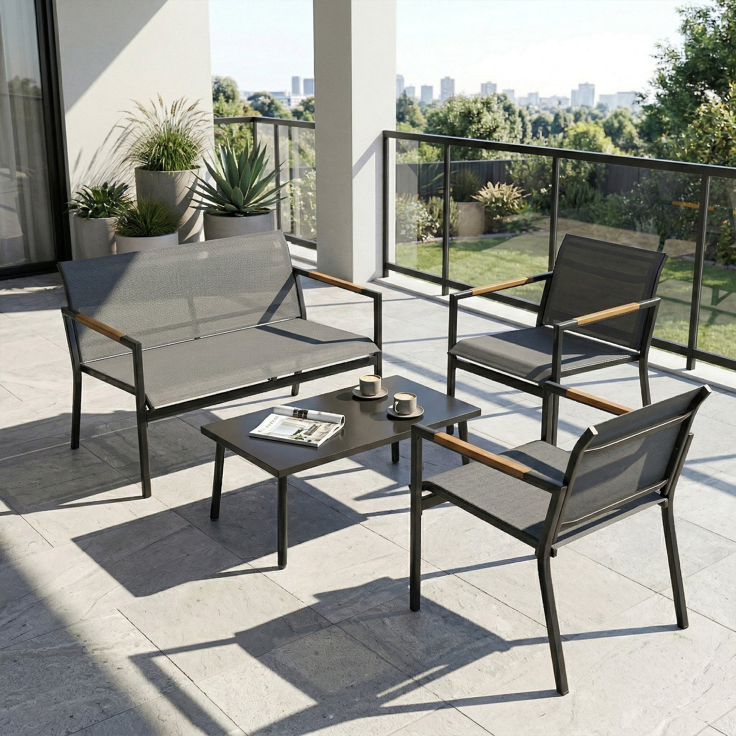 Outsunny 4 Seater Garden Furniture Set with Loveseat, Armchairs, Table, Metal Garden Sofa Set with Breathable Seats, Grey
