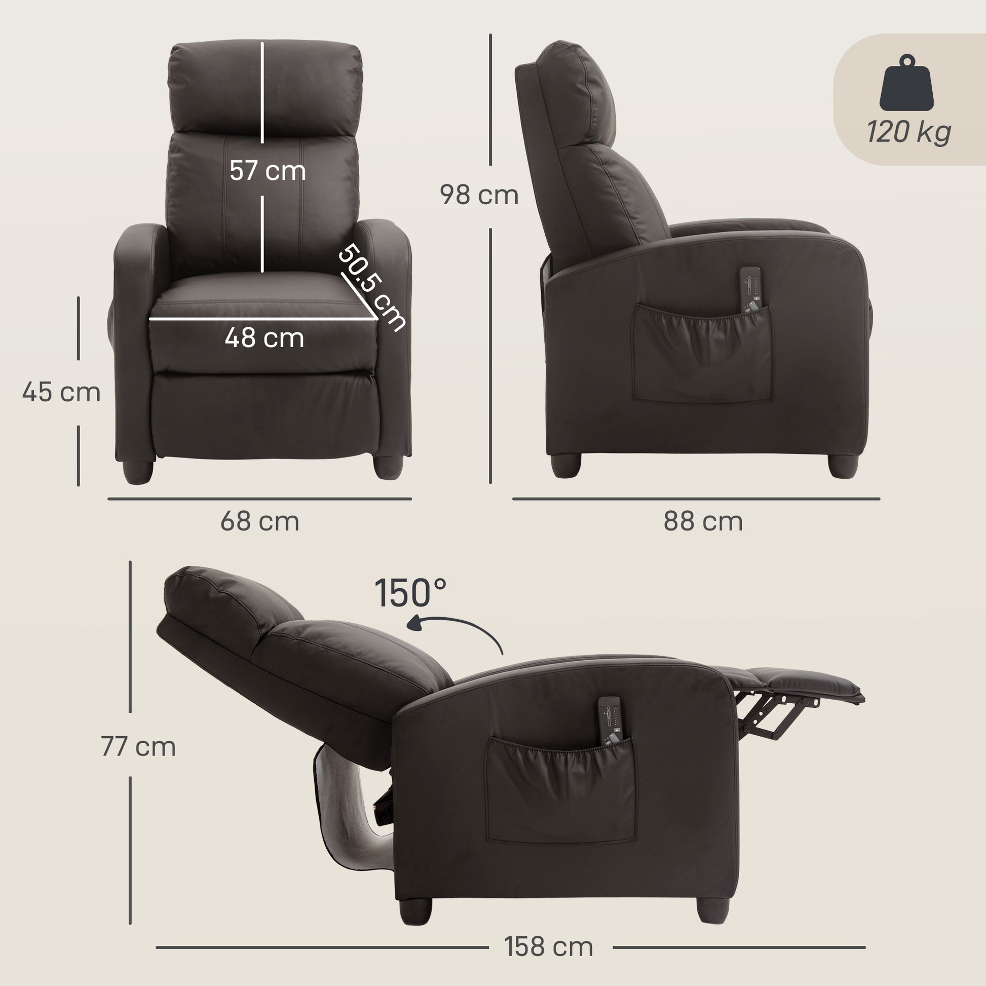 HOMCOM Recliner Armchair, Massage Faux Leather Push Back Reclining Chair with Adjustable Leg Rest, Side Pocket, for Home Living Room Theatre, Brown