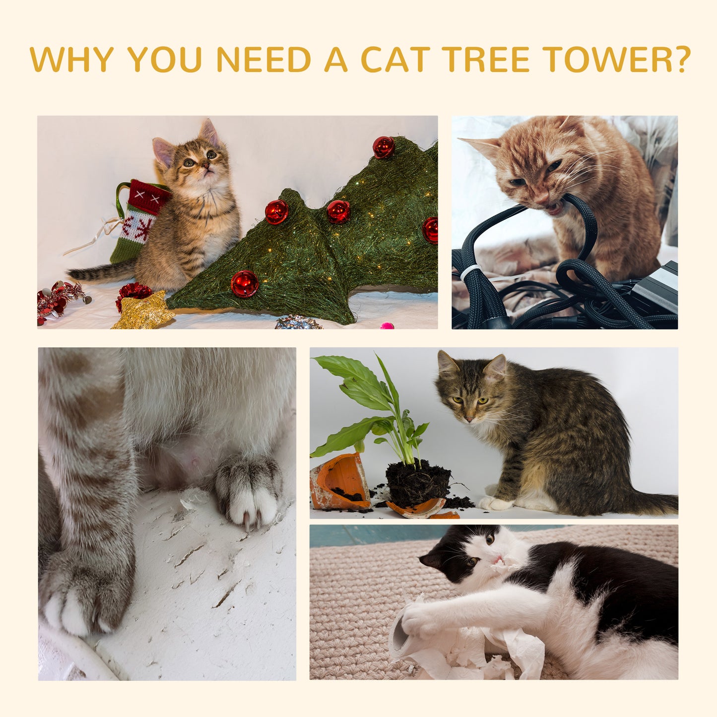 PawHut Floor to Ceiling Cat Tree Height Adjustable 230-260cm, 5-Tier Cat Tower with Scratching Post, Hammock, Perches, Climbing Activity Centre for Indoor Kittens, Beige