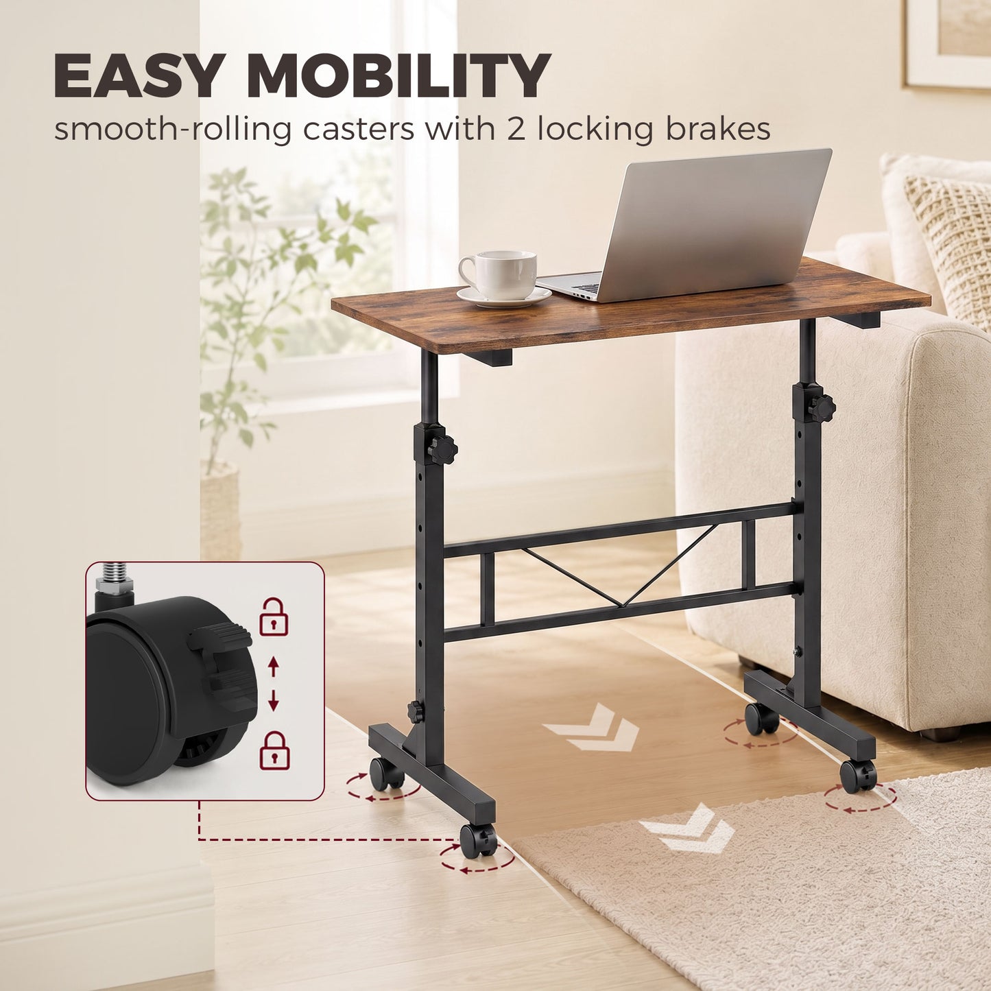 HOMCOM Overbed Table Adjustable Height Sofa Side Table with Wheels 80 x 40 cm Rustic Brown Black