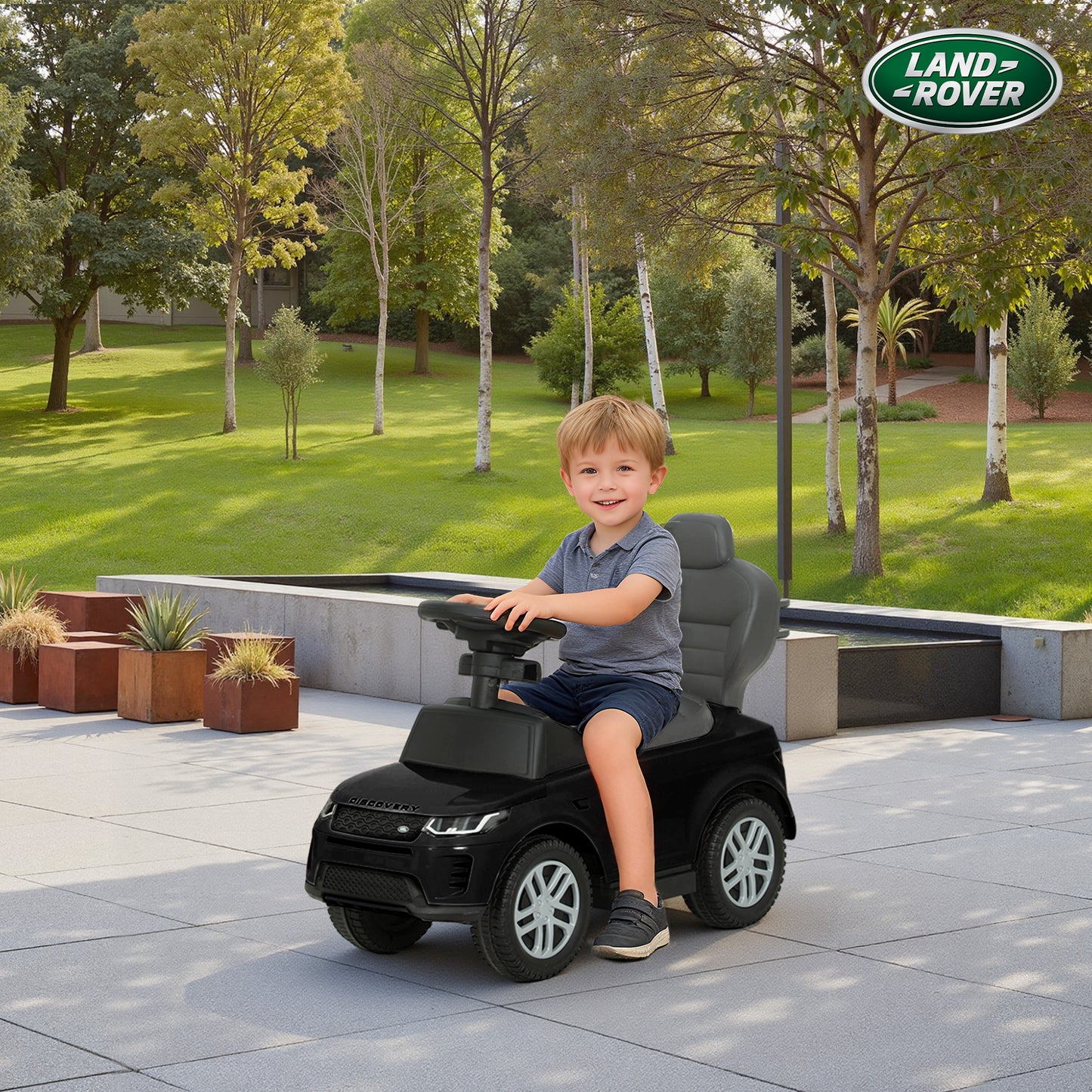 AIYAPLAY Land Rover Discovery Licensed Baby Push Car, 2-in-1 Ride on Car with Push Handle and Safety Guardrail, Black