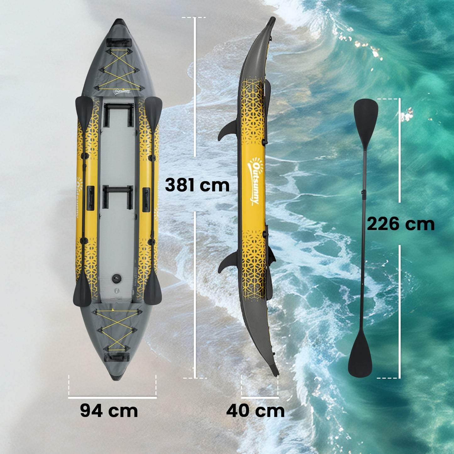 Outsunny 12.5' Inflatable Kayak Set, 2-person Sit on Canoe with Aluminium Oars, Grey and Yellow