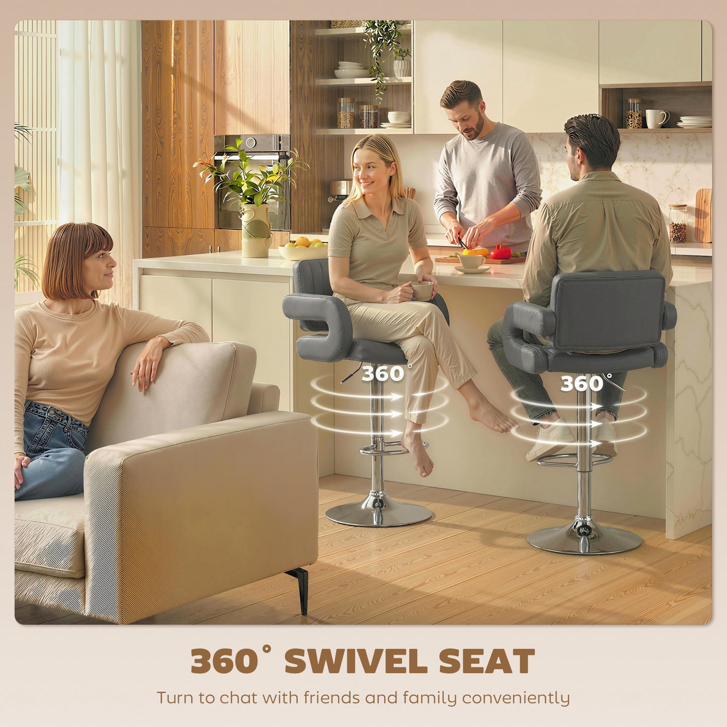 HOMCOM Bar Stools Adjustable Swivel Kitchen Chairs with Backrest Armrest Set of 2 PU Leather Grey