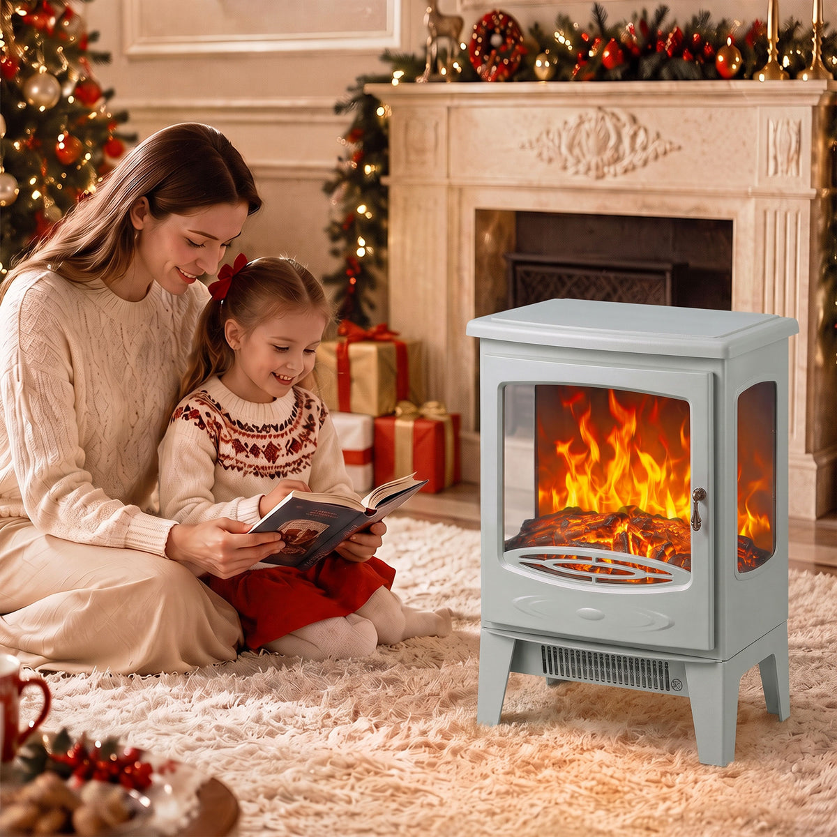 HOMCOM 900W/1800W Freestanding Electric Fireplace, Room Heater with Adjustable Artificial Flame, 3-Sided Tempered Glass, Grey