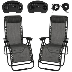 Grey Sunloungers Recliner Set of 2, Zero Gravity Reclining Sun Lounger, Reclining Patio Garden Chairs Foldable Loungers With Cup Phone Holder Head Pillow, Perfect for Outdoor Patio Deck Poolside