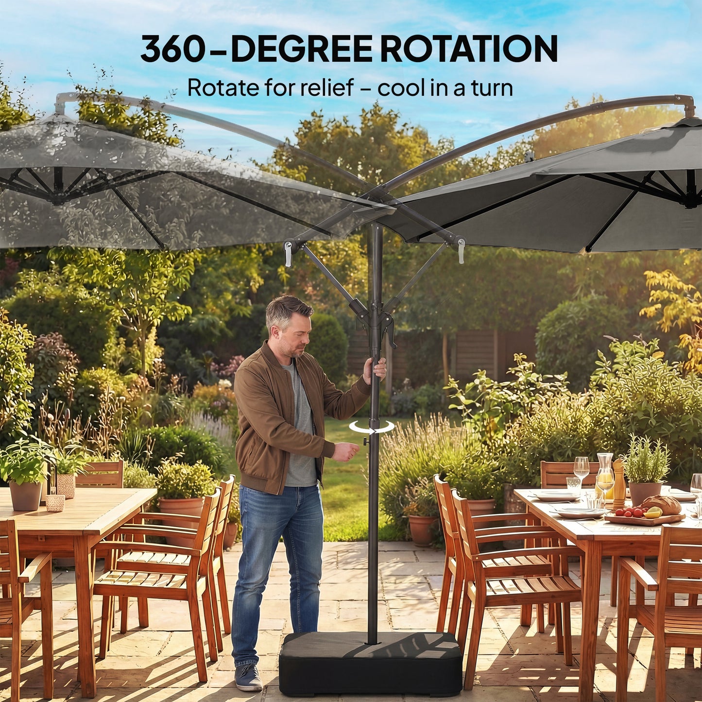 Outsunny 3 m Garden Cantilever Parasol with Cross Base, Sandbag, 360Â° Rotating Overhanging Banana Umbrella, Grey