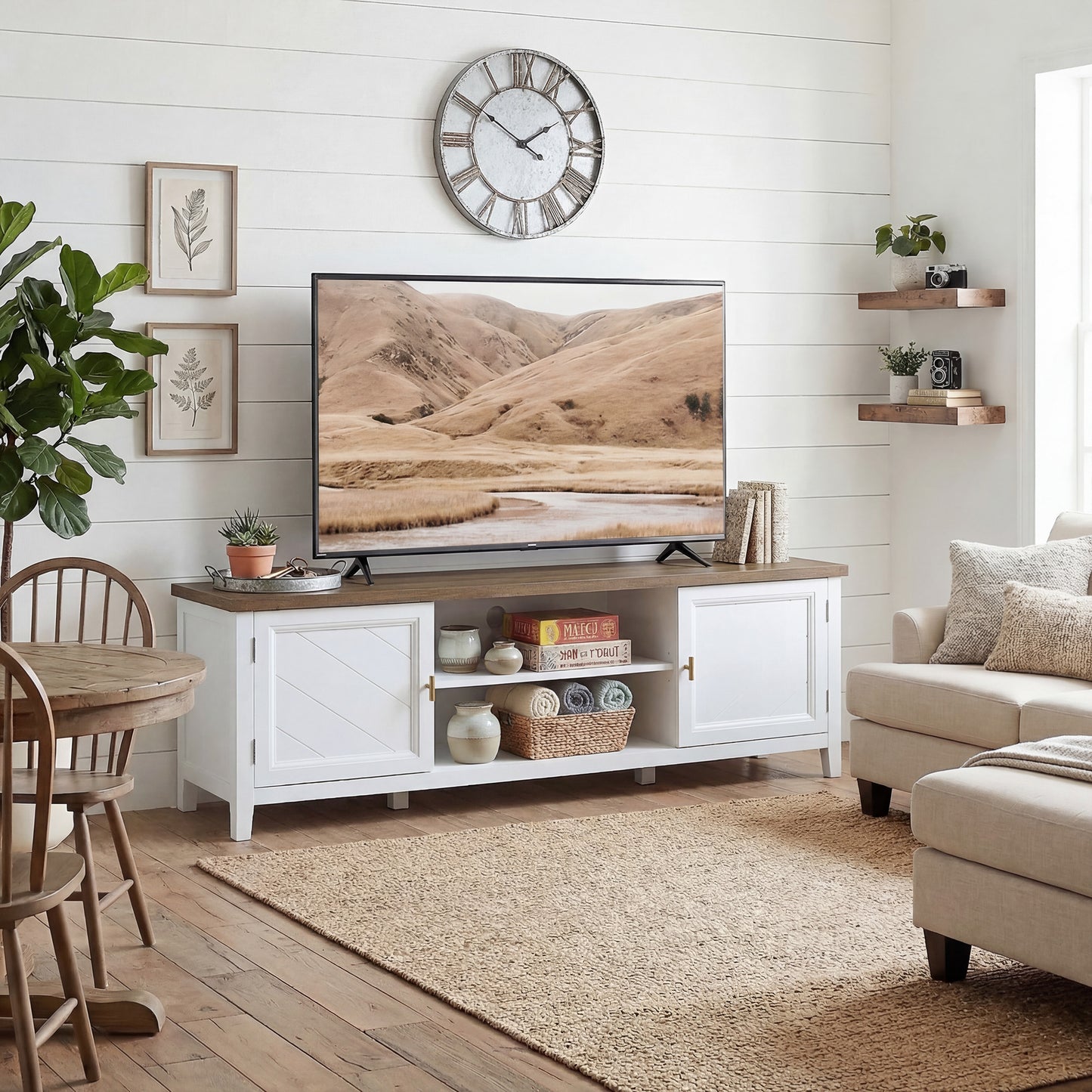 HOMCOM TV Unit for TVs up to 42 Inch, Farmhouse Entertainment Centre with 2 Open Shelves, 2 Cabinets and Thick Top