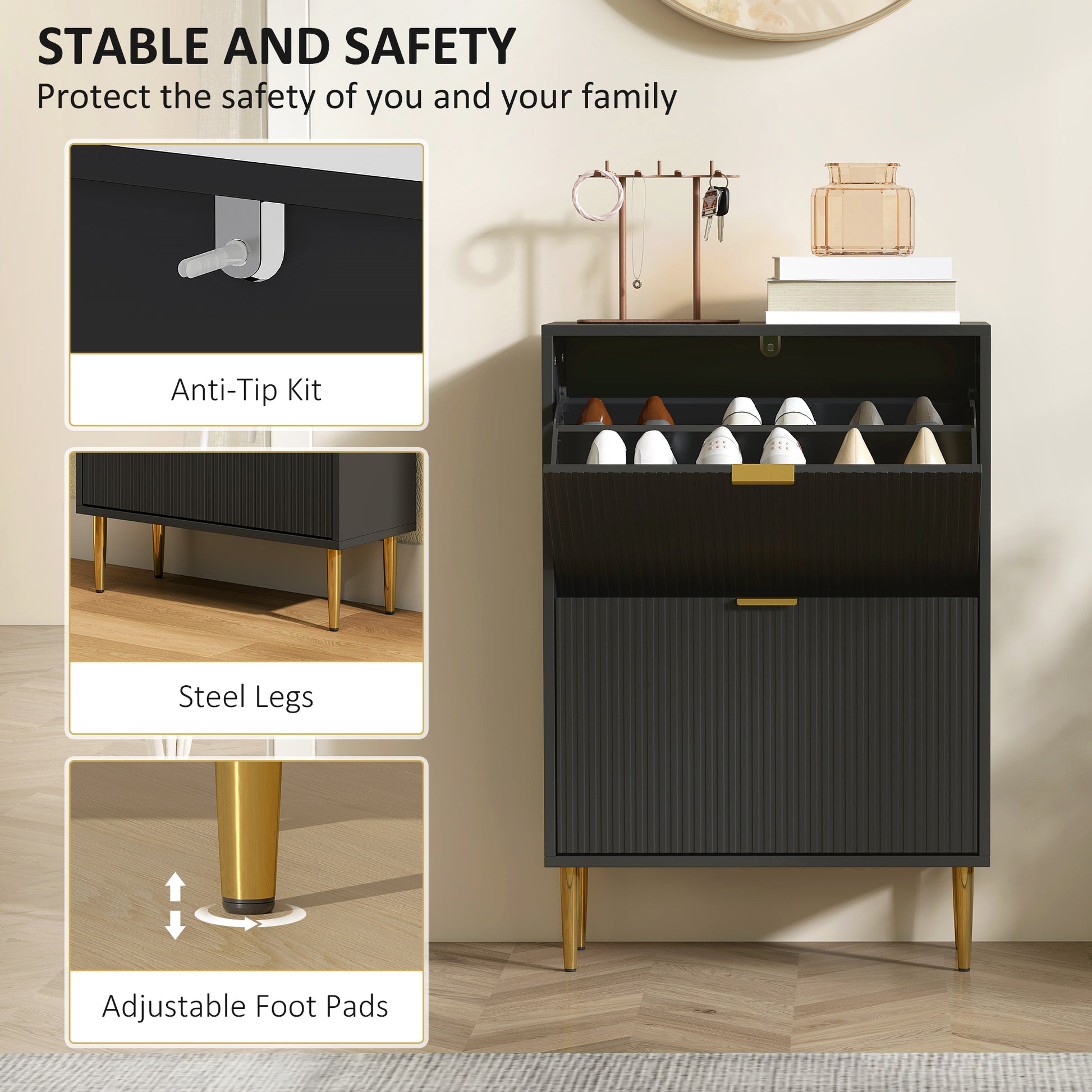 HOMCOM Elegant Two-Drawer Shoe Cabinet - Black