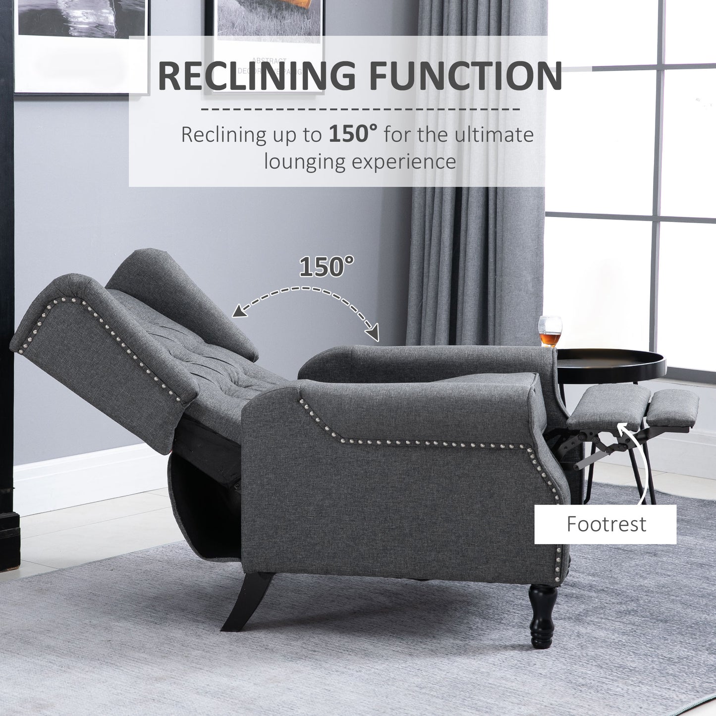 HOMCOM Recliner Armchair, Vintage Reclining Chair with Nail Head Trim, Wingback Chair with Button Tufted Back and Footrest, for Living Room, Grey