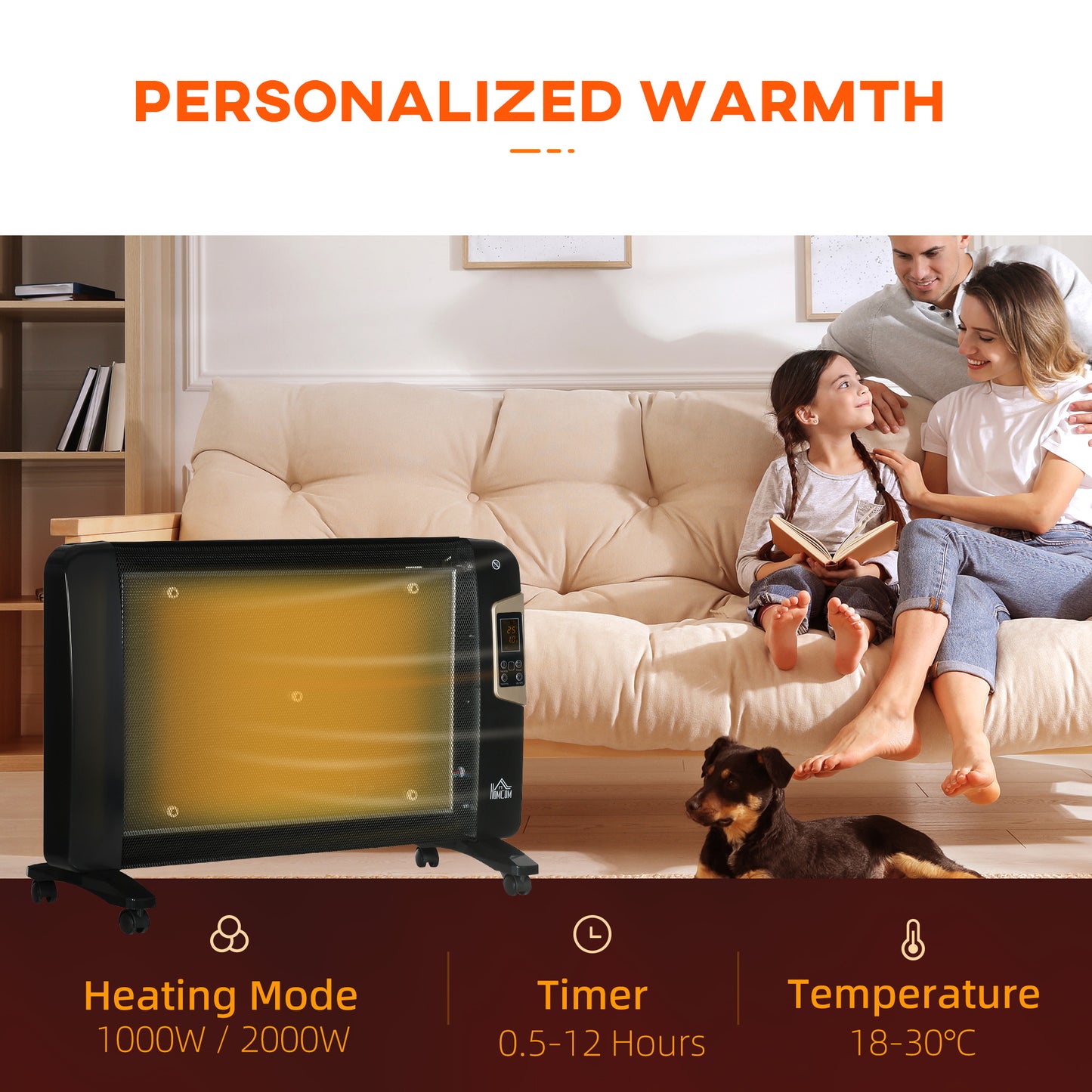 HOMCOM Mica Electric Space Heater, Portable Heater for Home with 2 Heat Settings, Living Room, Study, Garage, Adjustable Temperature 18-30Â°C, 1000W/2000W, Black
