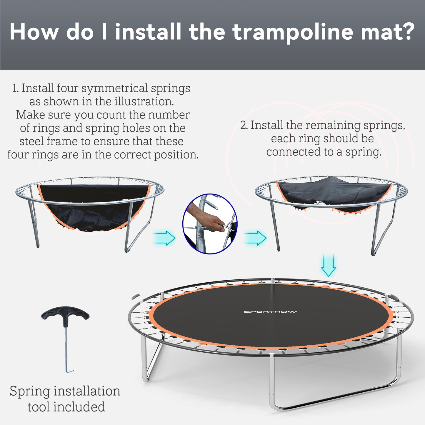 SPORTNOW Trampoline Replacement Mat with Spring Pull Tool, 42 V-Hooks, for 8ft Trampoline using 14cm Springs, Orange - LiamsBargains.co.uk