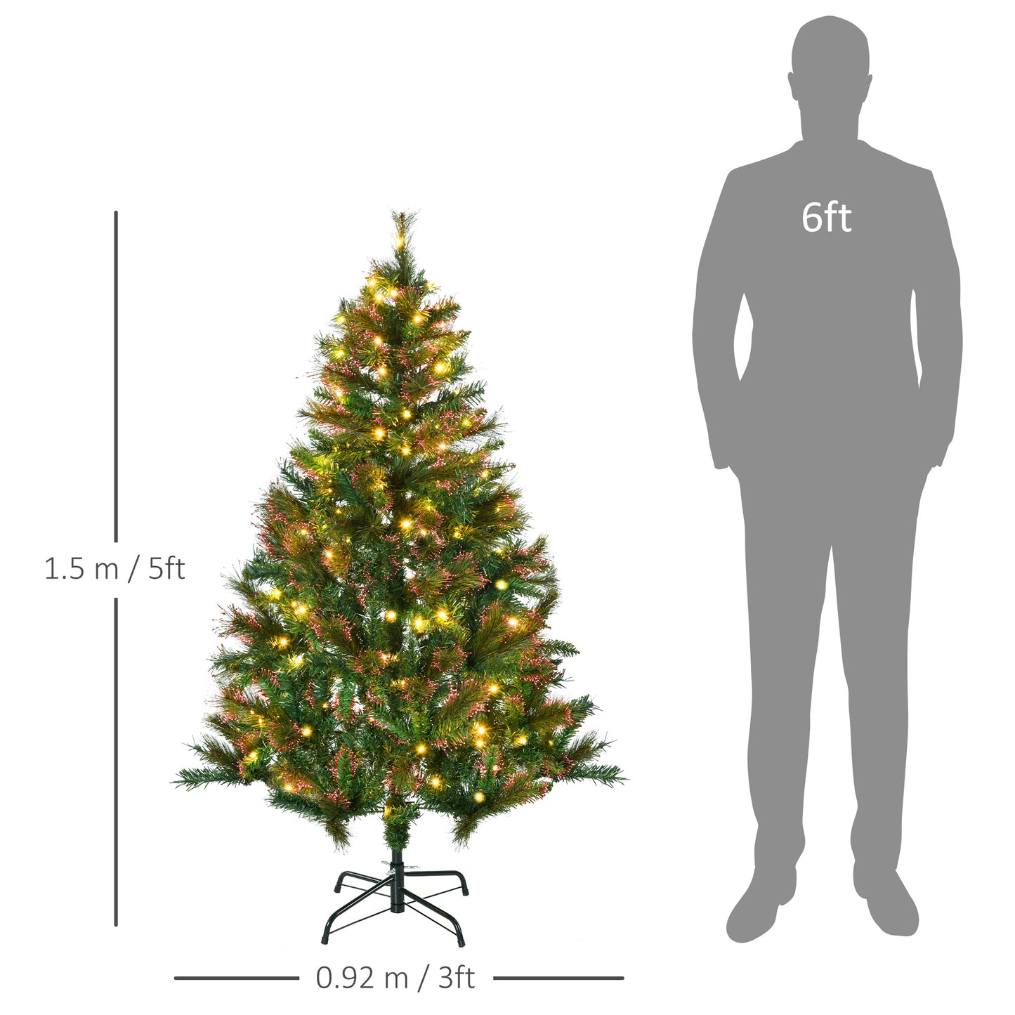 HOMCOM 1.5m 5ft Pre-Lit Christmas Tree Artificial Spruce Xmas Tree Warm White LED Holiday DÃ©cor with Metal Stand